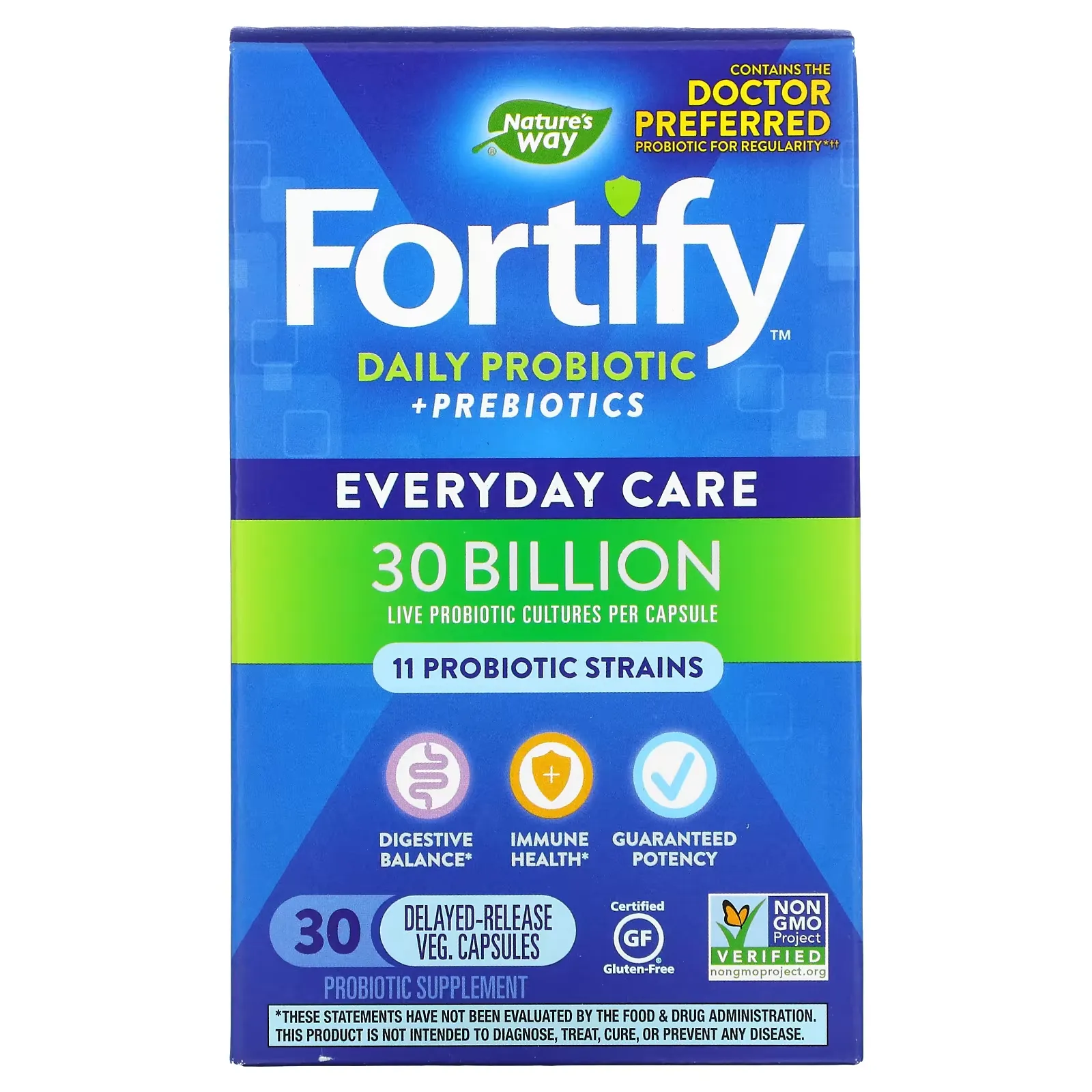 Fortify, Daily Probiotic + Prebiotics, Everyday Care, 30 Billion CFU, 30 Delayed-Release Veg Capsules