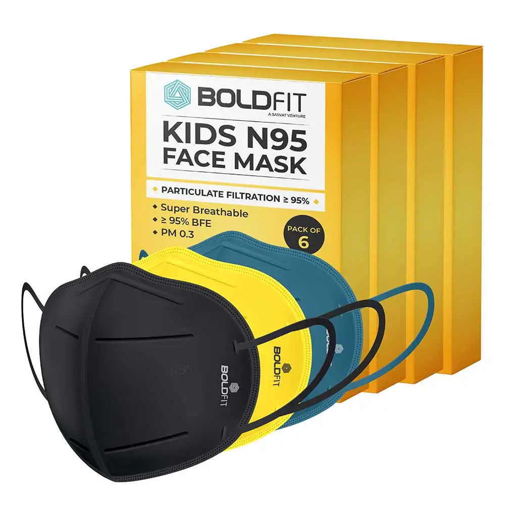 Boldfit N95 Face Mask for Kids,  Black, Blue, Yellow (Pack of 4)