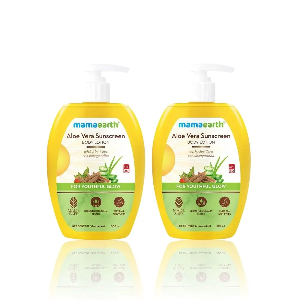 Mamaearth Aloe Vera Sunscreen Body Lotion SPF 30 - With Aloe Vera & Ashwagandha For a Youthful Glow - 300 ml (Pack of 2)