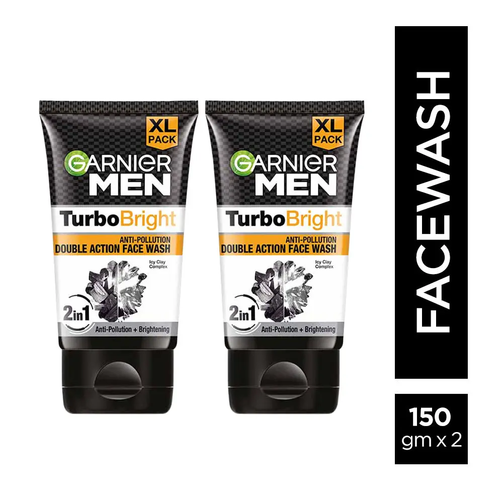 Garnier Men Turbo Bright Double Action Face Wash, 150gm (Pack of 2