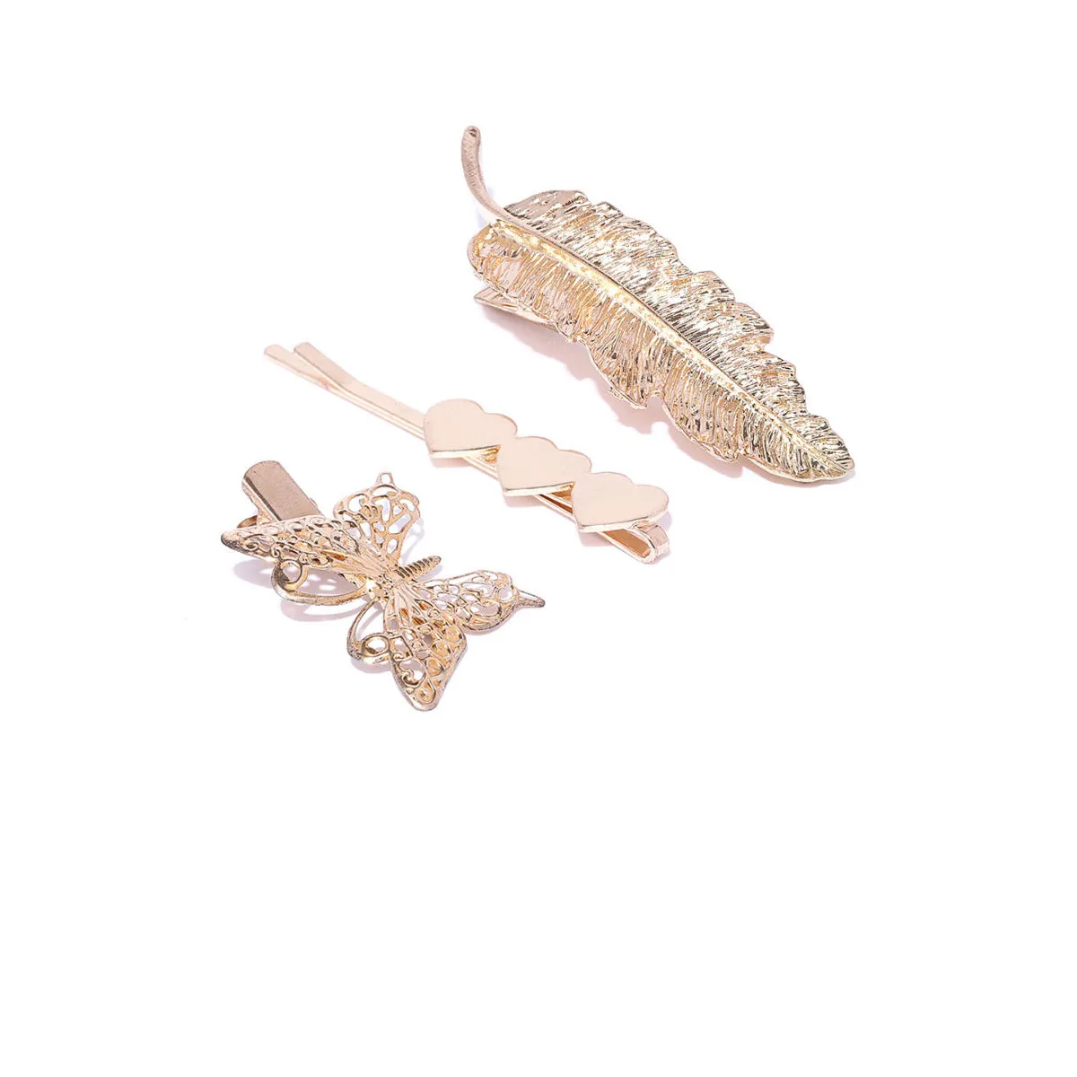 Blueberry Set Of 3 Gold Plated Heart, Butterfly, Leaf Shape Hair Pins