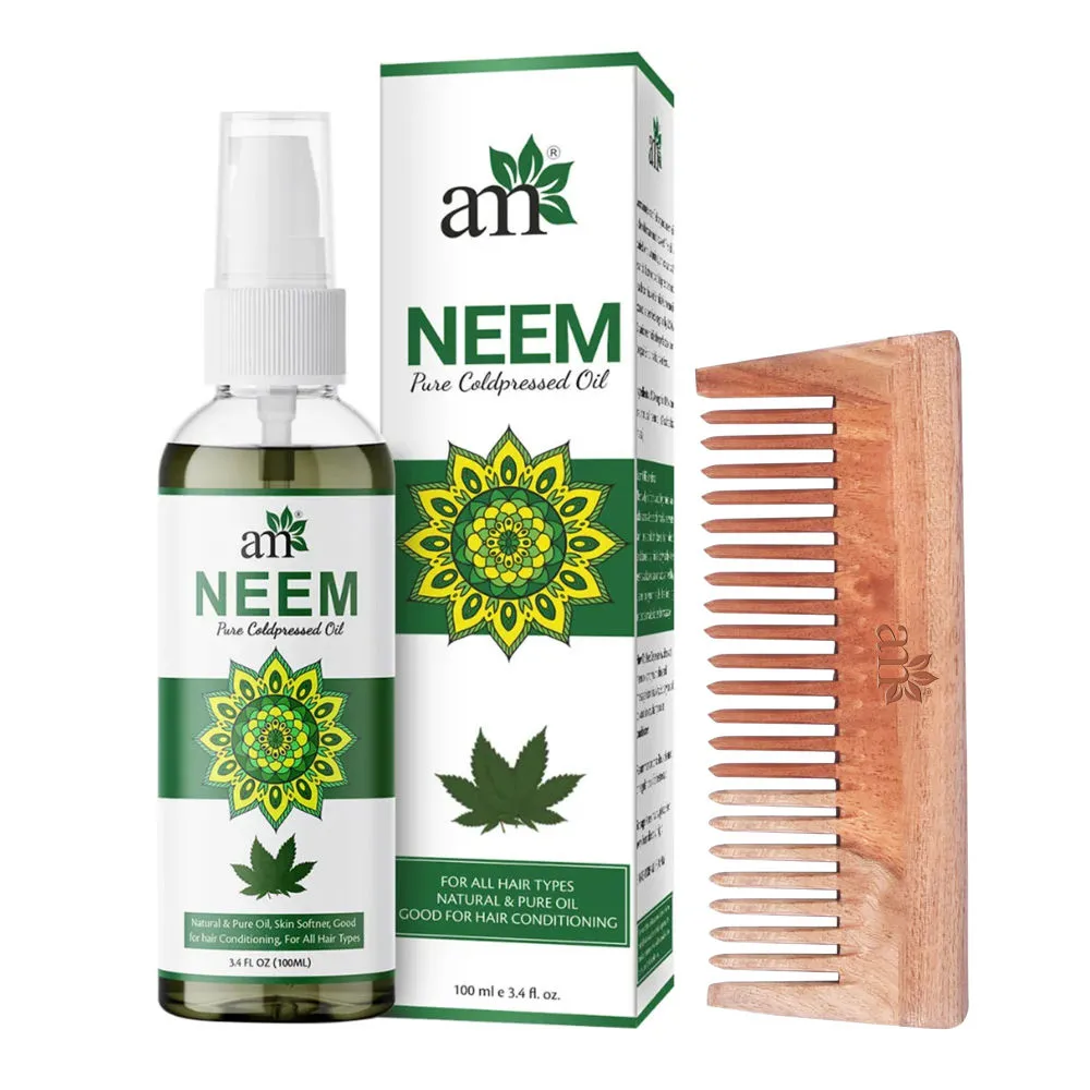 AromaMusk Cold Pressed Neem Oil with Wide Tooth Neem Wood Comb