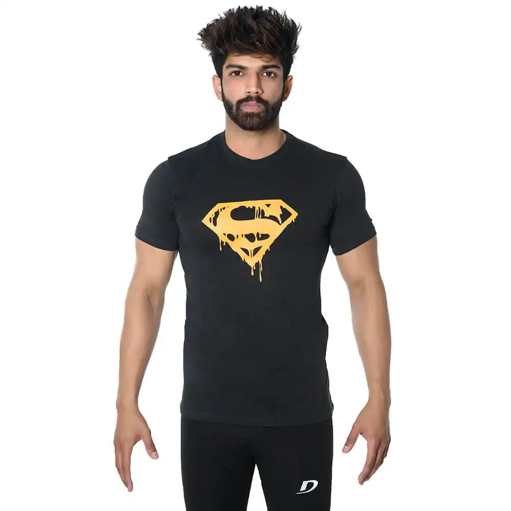 DK Active Wear Half Sleeve Gym T Shirt (Superman),  Black and Yellow  Small