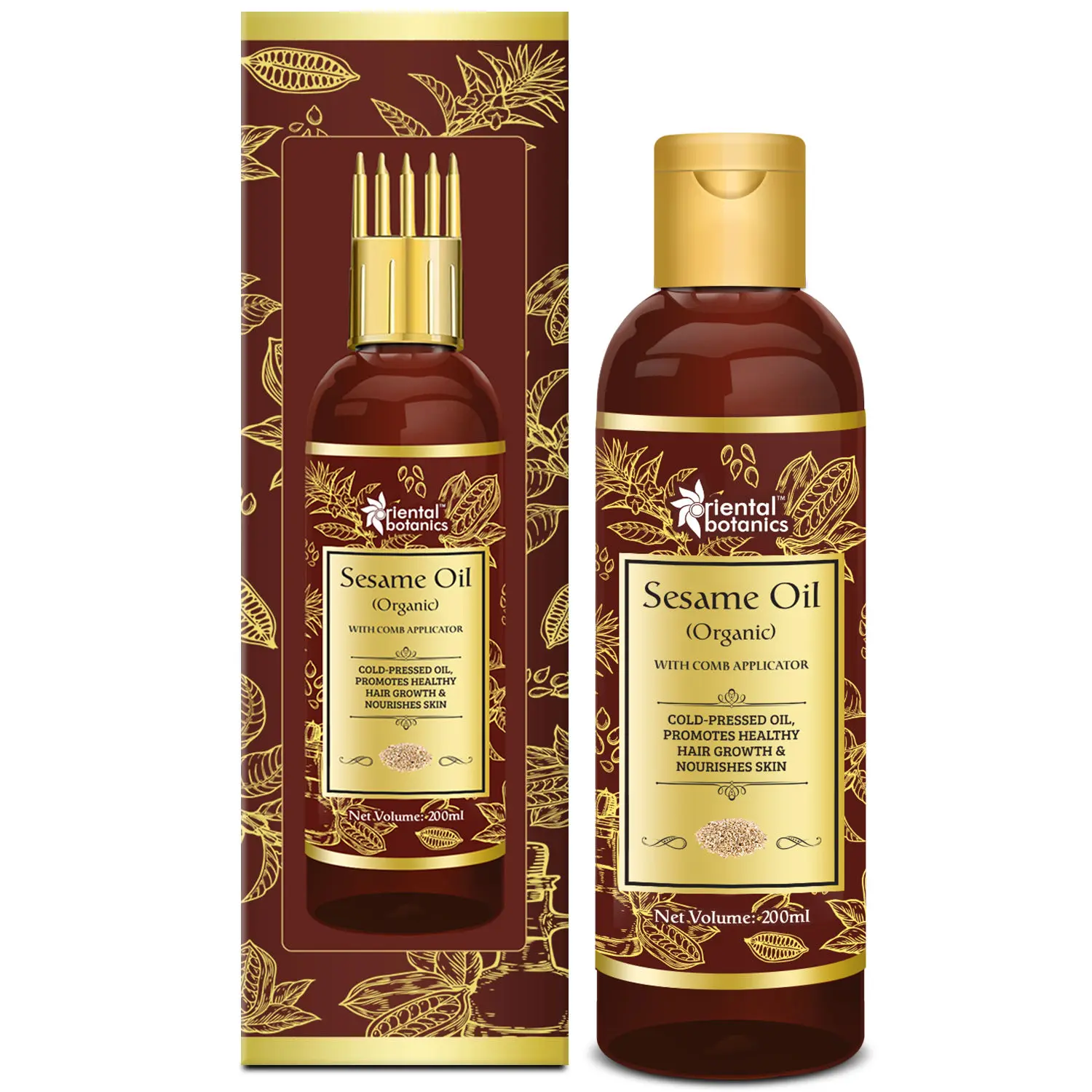 Oriental Botanics Sesame Oil 200ml for Hair and Skin Care - With Comb Applicator - Pure Oil with No Mineral Oil, Silicones