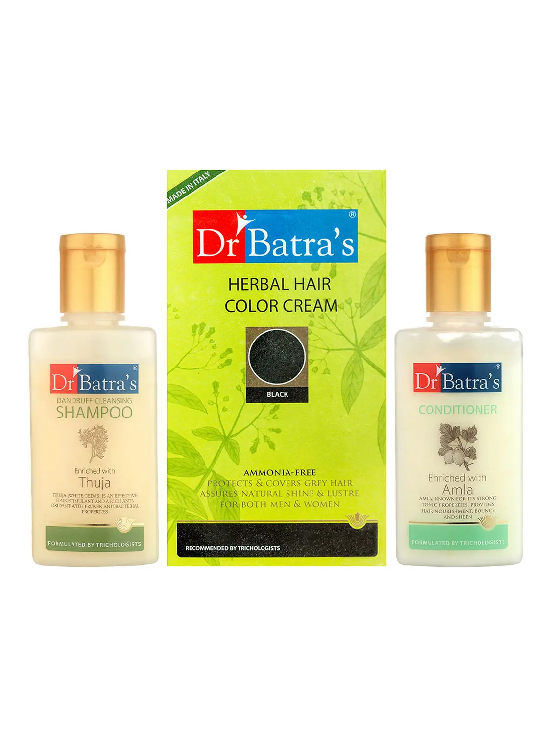 Dr Batra's Herbal Hair Color Cream-Black, Dandruff Cleansing Shampoo - 100 ml and Conditioner - 100 ml ( Pack of 3 Men and Women)