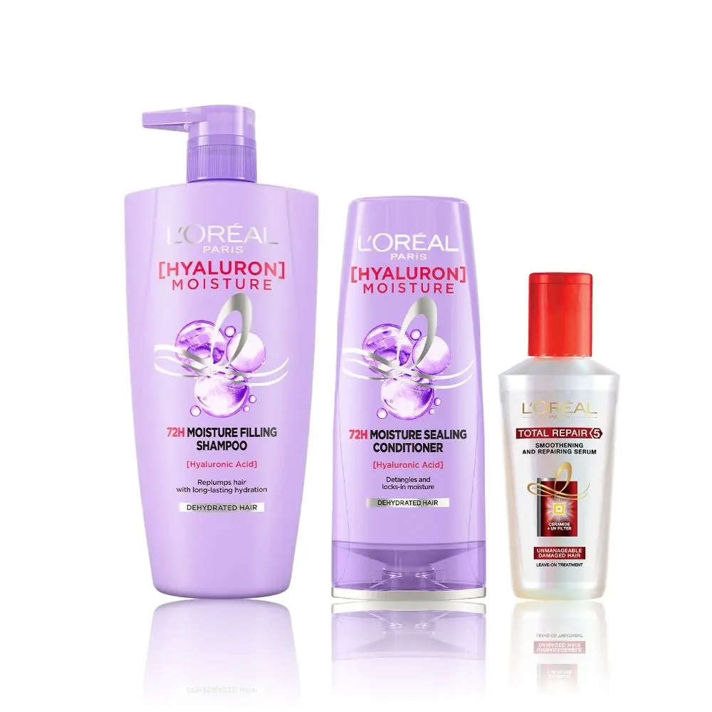 L'Oreal Paris Everyday Hydration and Rejuvenation Hair Care Essentials 3 (Hyaluron Moisture 72H Moisture Shampoo (1L), Hyaluron Moisture 72H Moisture Conditioner (180ml), Total Repair 5 Serum (80 ml))