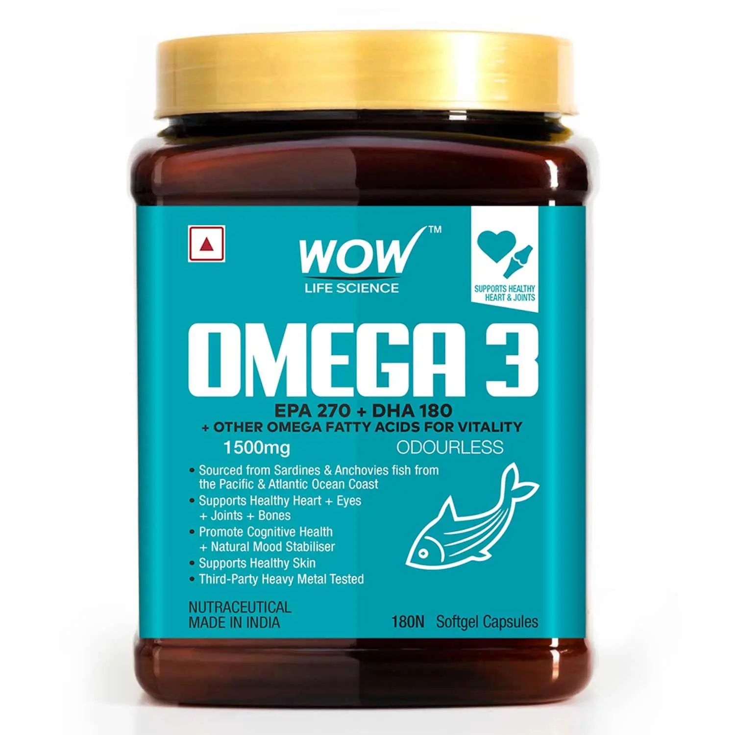 WOW Life Science Omega-3 1500mg Capsules with Fish oil - EPA 270 + DHA 180 Enriched - 180 Capsule