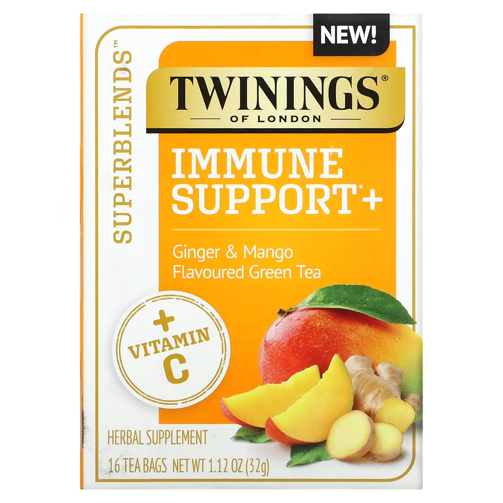 Immune Support+ Green Tea, Ginger & Mango, 16 Tea Bags, 1.12 oz (32 g)