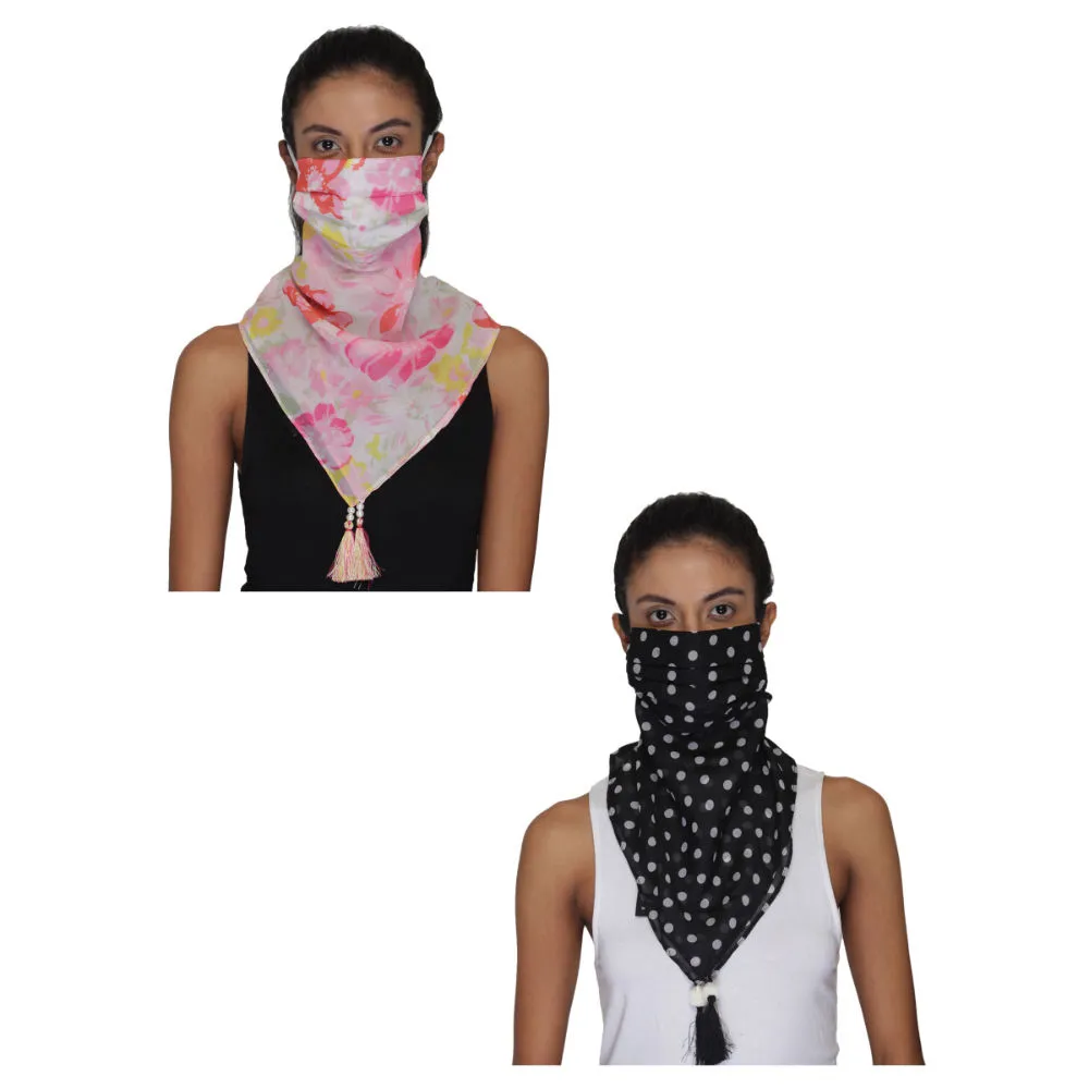 Anekaant Pack Of 2 Multicolor 3-Ply Reusable Printed Tasselled Scarf Style Fashion Mask