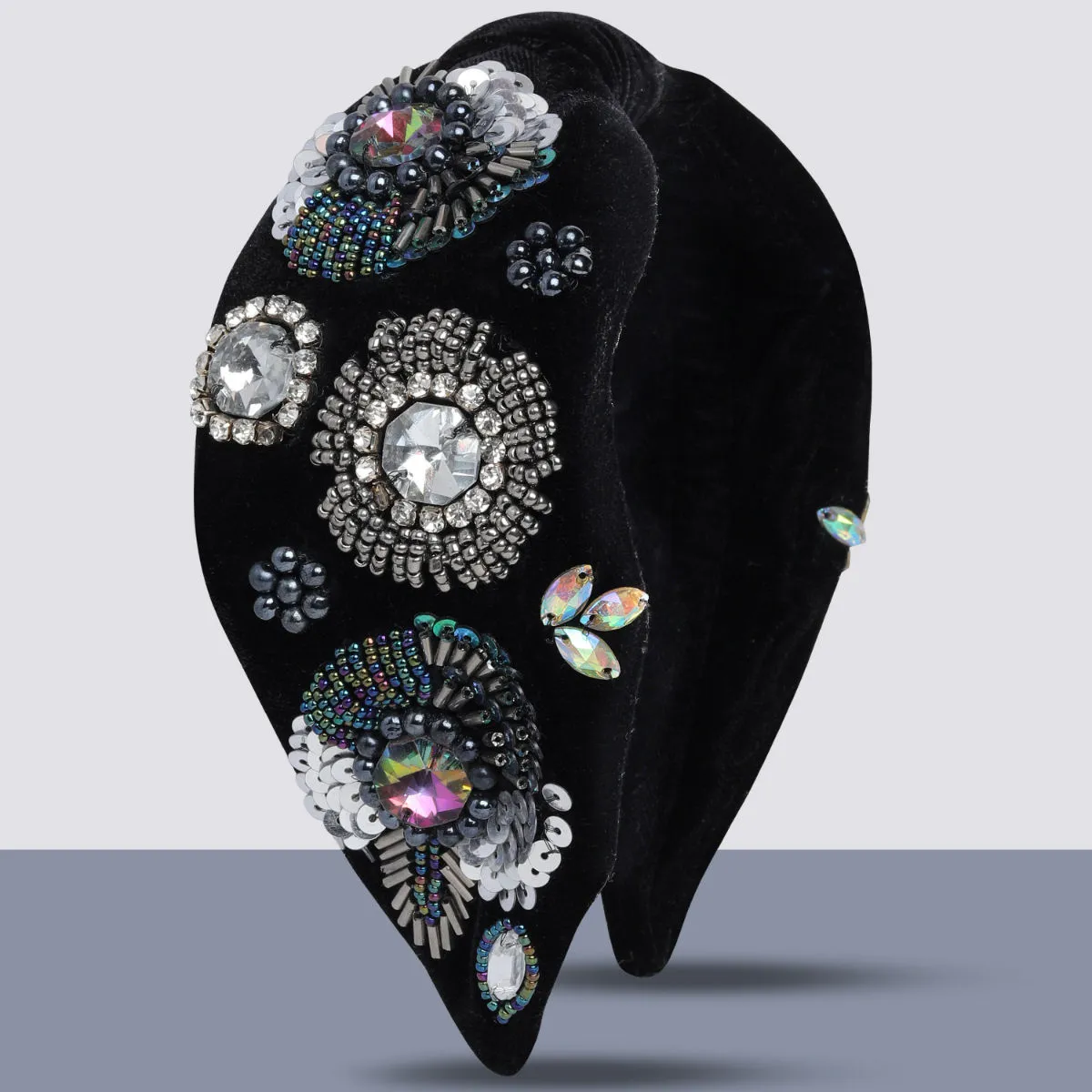 Blueberry Crystal Stone And Sequins Embellished Black Velvet Knot Hairband