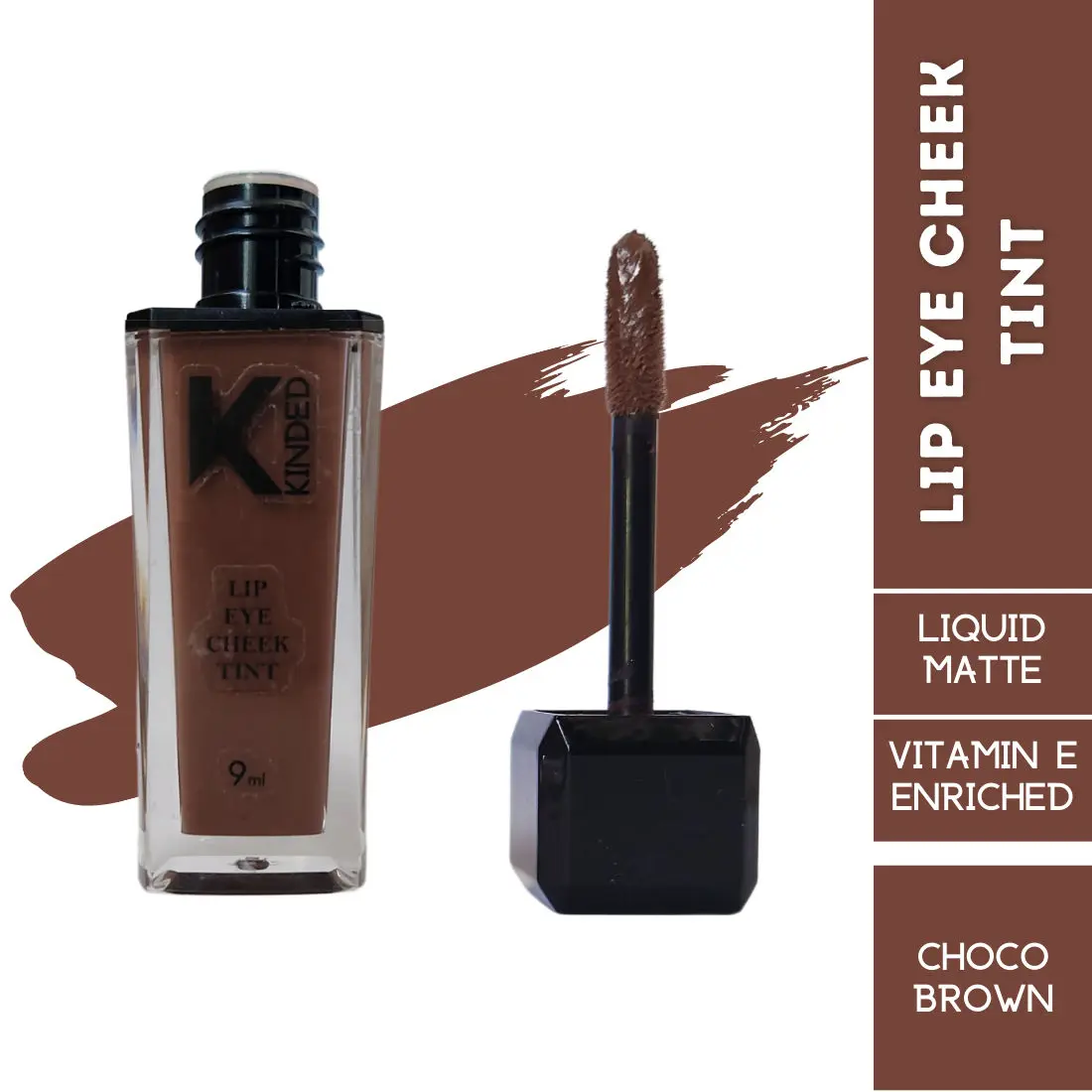 KINDED Lip Eye and Cheek Tint for Women Girls Pigmented Liquid Lip Colour Lipstick Tint Eyeshadow Blush with Vitamin E Longlasting Moisturizing Nourishing (Liquid Matte Finish, Choco Brown, 9 ml)