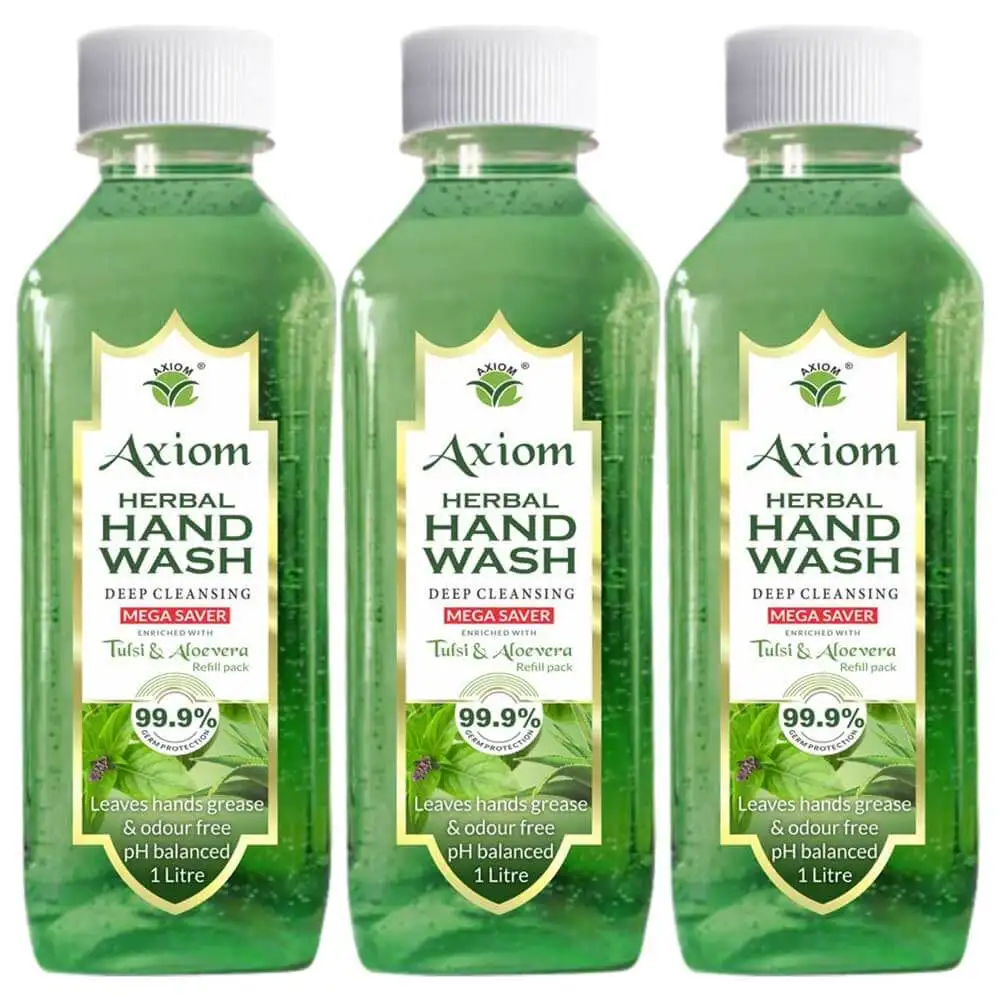 Axiom Herbal Hand Wash,  Tulsi & Aloevera  1 L  99.9% Germs Protection Pack of 3