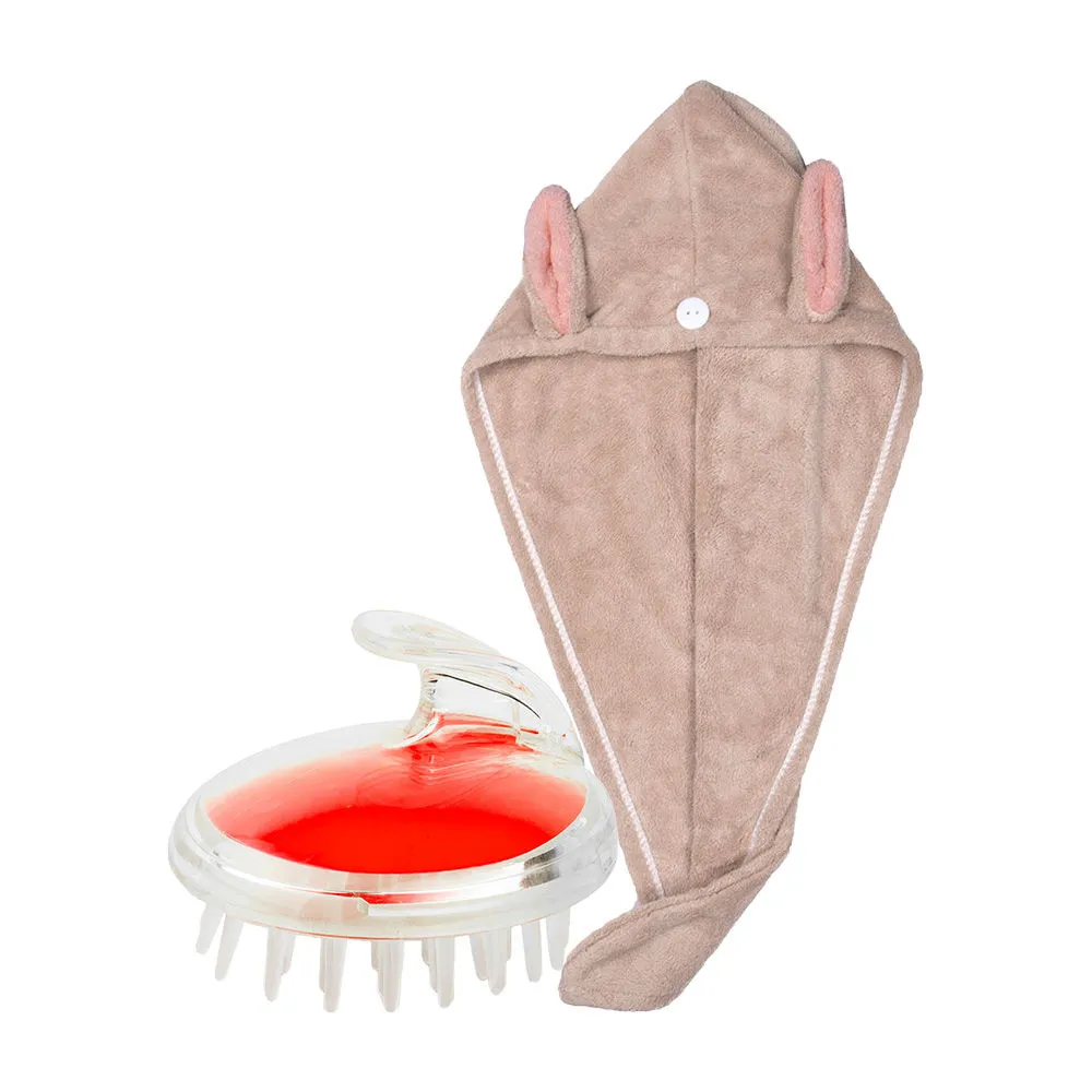 Streak Street Microfiber Hair Towel- Coffee Bunny + Candy Apple Red Massager And Shampoo Brush