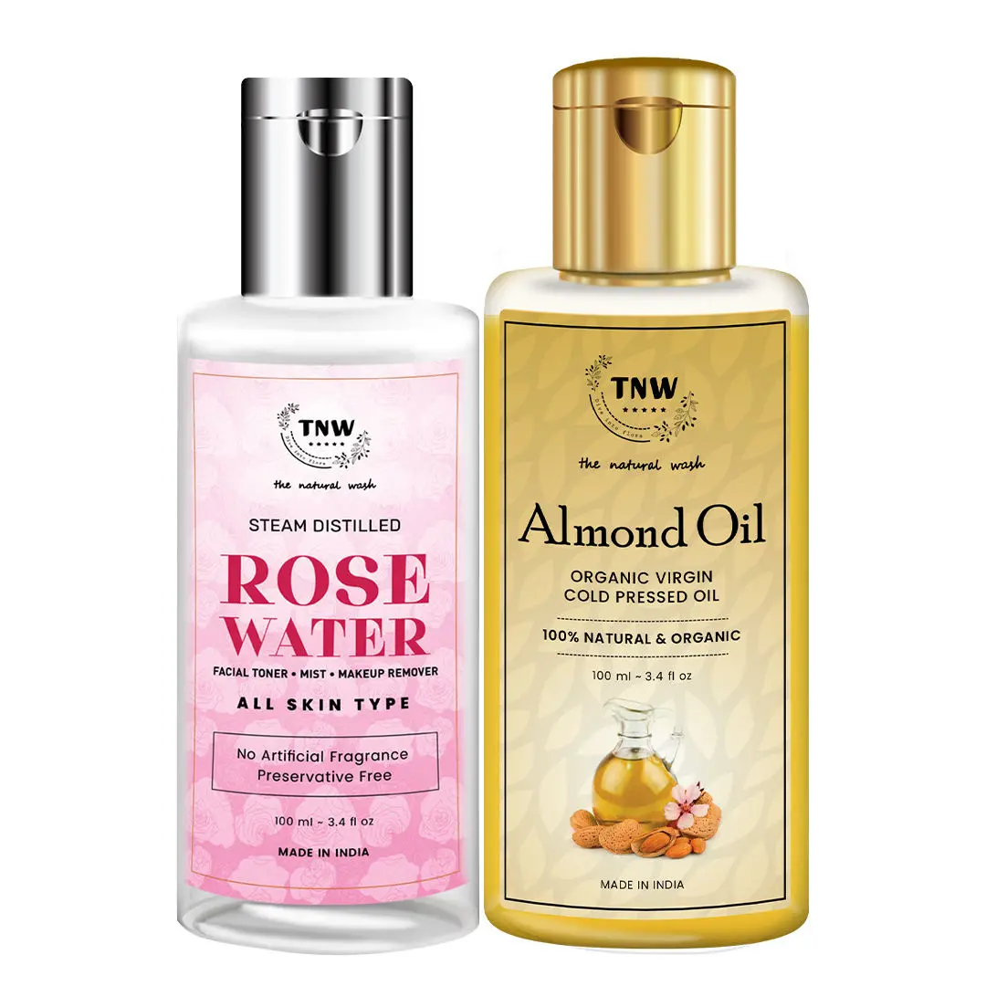 TNW - The Natural Wash Combo of Pure Almond Oil Rich in Vitamin E Cold pressed Virgin Badam Tail 100% Pure & Natural for Hair, Skin, Face Care & Massage-100ml with Rose Water Face Toner/Skin Toner/Makeup Remover - For All Skin Types Women & Men