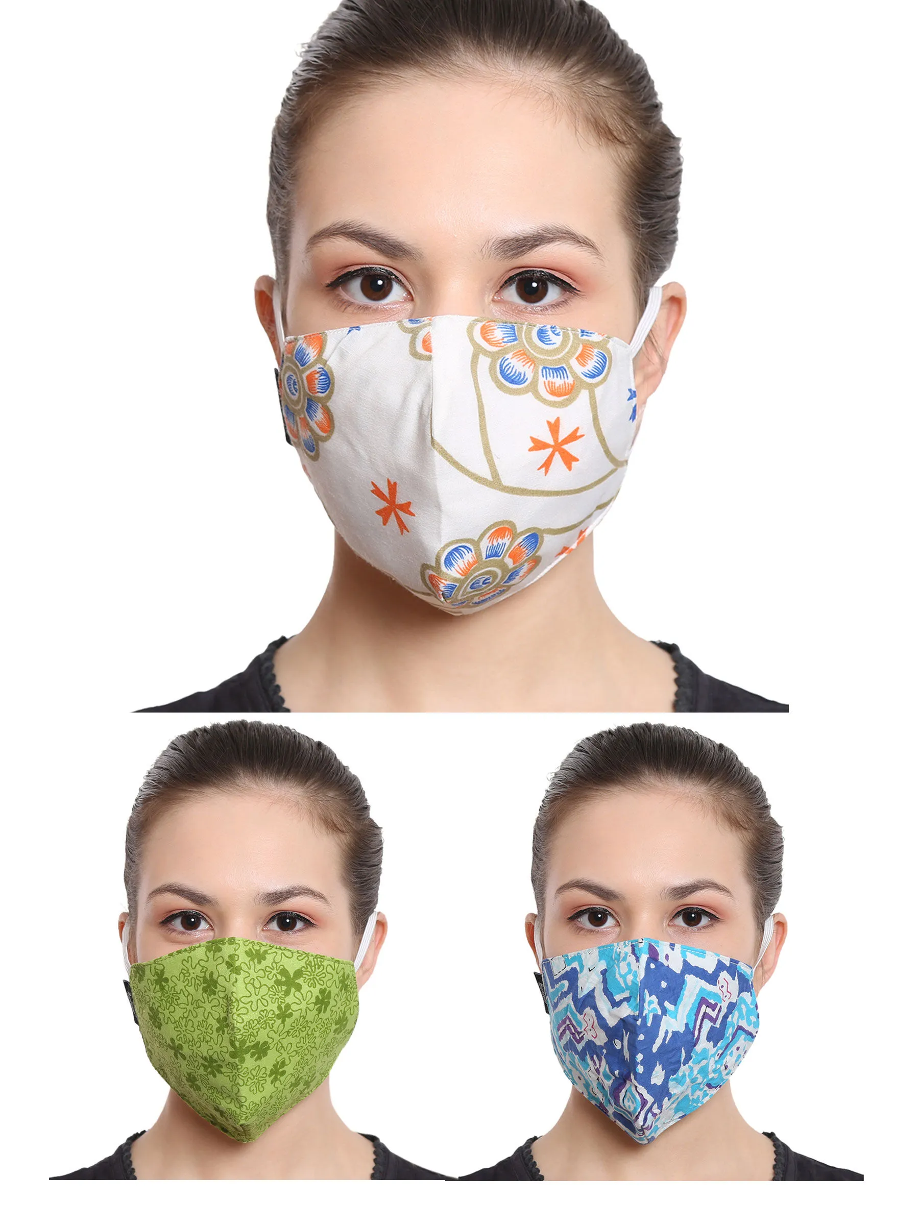 Anekaant Multicolor 3-Ply Reusable Cotton Fabric Fashion Mask (Pack Of 3)