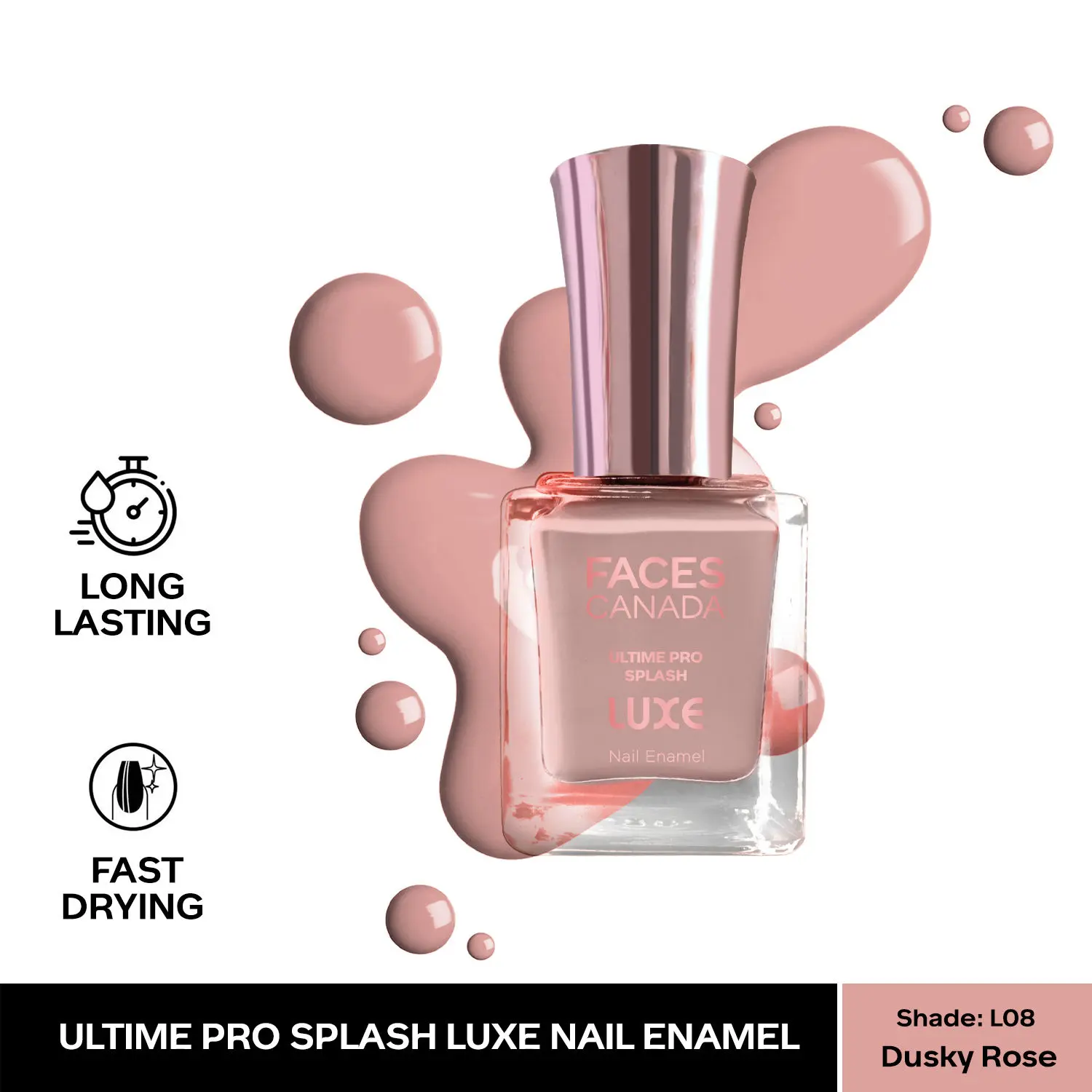 FACESCANADA Ultime Pro Splash Luxe Nail Enamel I Quick-drying I Long lasting I Even-Finish I Vegan I Cruelty-free I Non-Toxic I Ethanol-free I Dusky Rose (L08)12ml