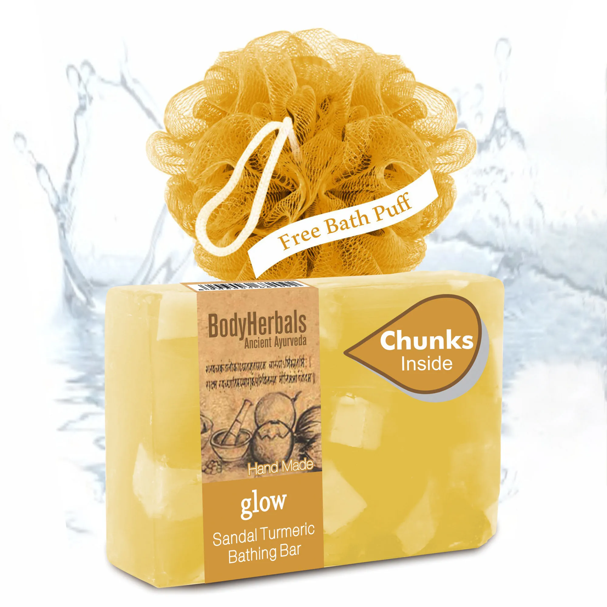 BodyHerbals Glow, Hand Made Sandal Turmeric Bathing Bar With Natural Chunks