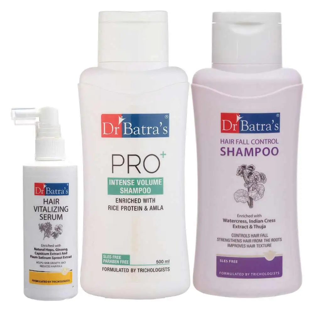 Dr Batra's Hair Vitalizing Serum, Hair Fall Control Shampoo - 500 ml & Pro+ Intense Volume Shampoo - 500 ml Combo,  3 Piece(s)/Pack  Hair Care