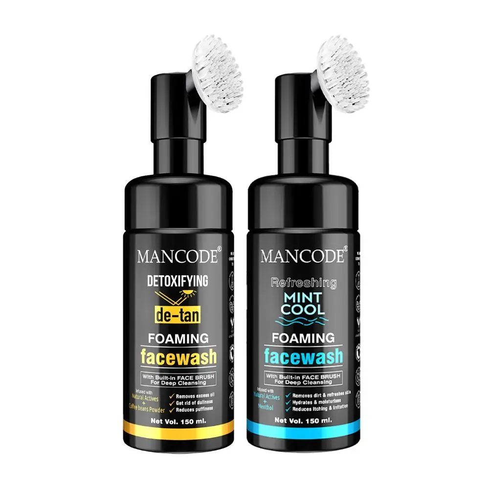 Mancode Detoxifying De Tan & Refreshing Mint Cool Foaming Facewash (With Bult-in Brush),150ml Each (Pack of 2)