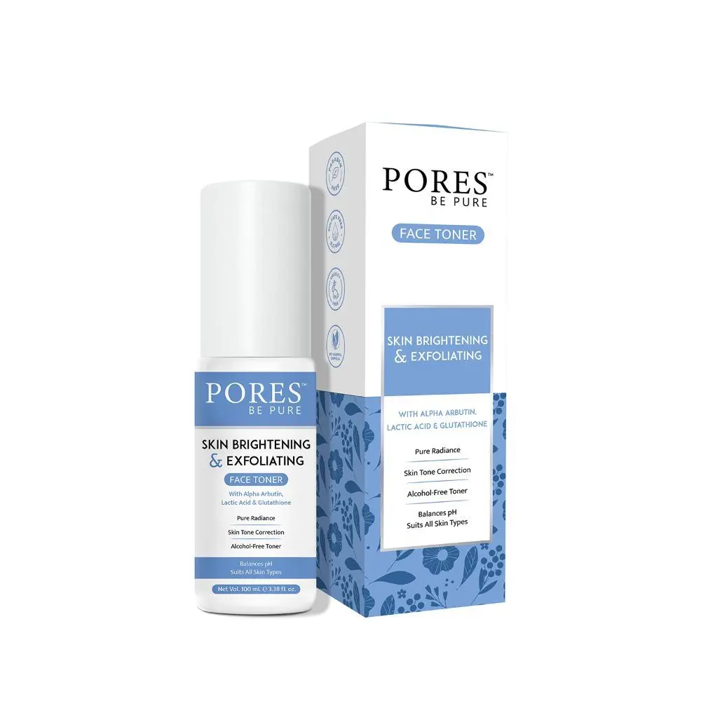 PORES Be Pure Skin Brightening & Exfoliating Face Toner with Alpha Arbutin, Lactic Acid & Glutathione Skin Tone Correction Balances pH Suits All Skin Types Alcohol Free Face Mist – 100mL