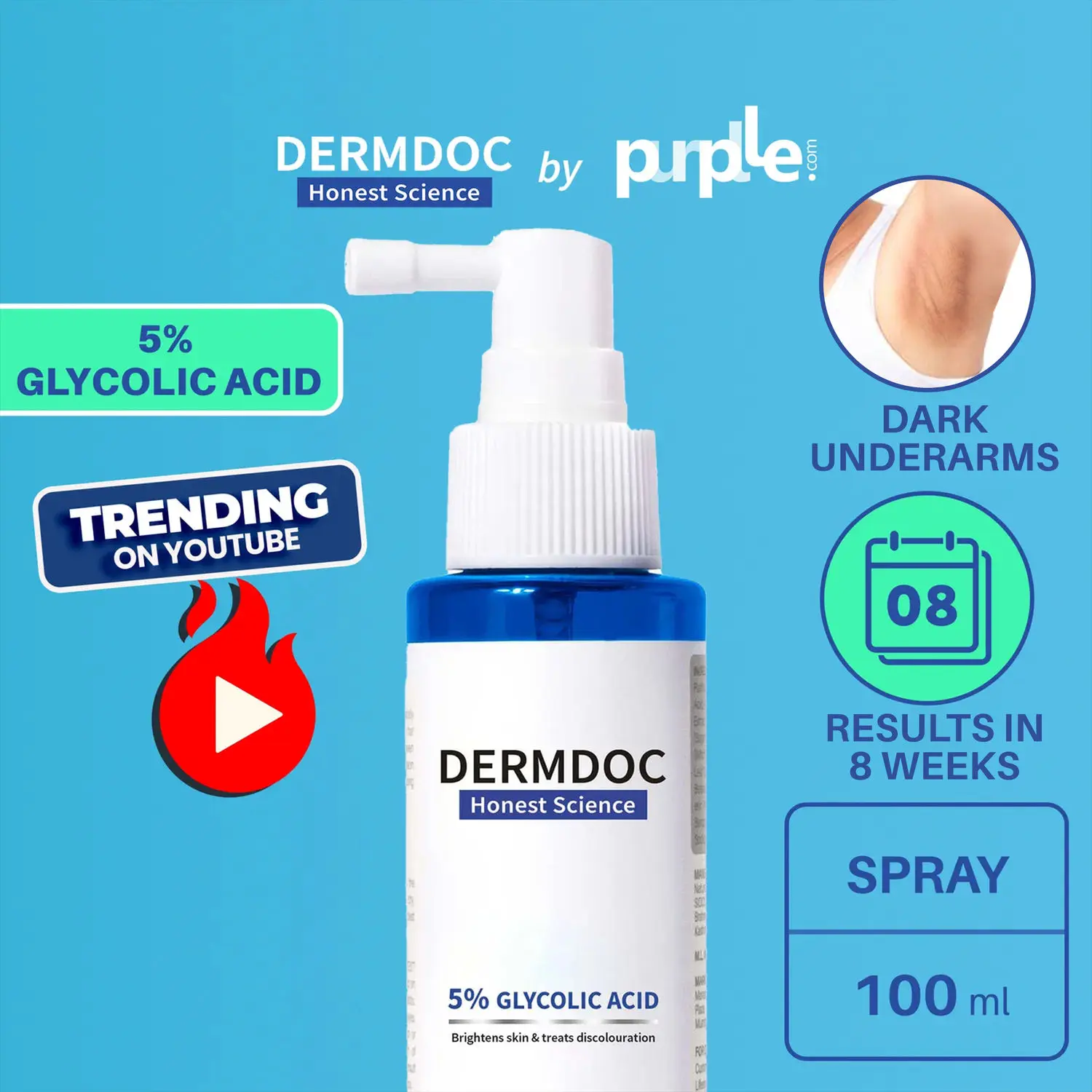 DERMDOC by Purplle 5% Glycolic Acid Under Arm Treatment (100ml) | whitening underarms, darkened underarms, underarm lightening treatment, dark underarm spray, glycolic acid for skin lightening | hyperpigmentation under arms