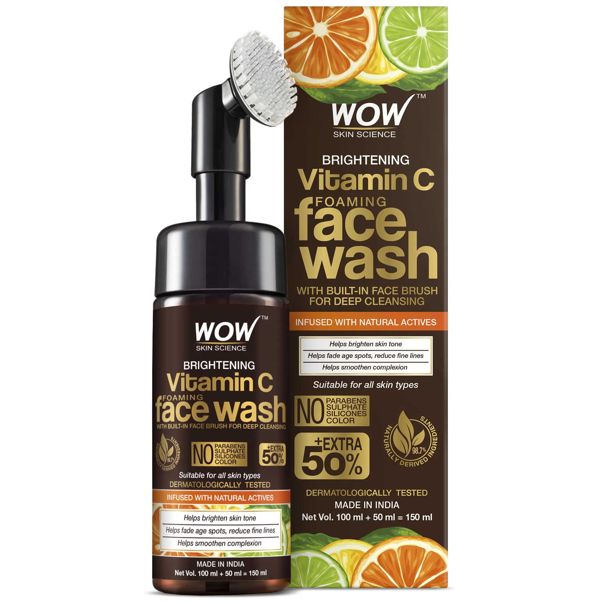 WOW Skin Science B1G1 Brightening Vitamin C Foaming Face Wash with Built-In Face Brush