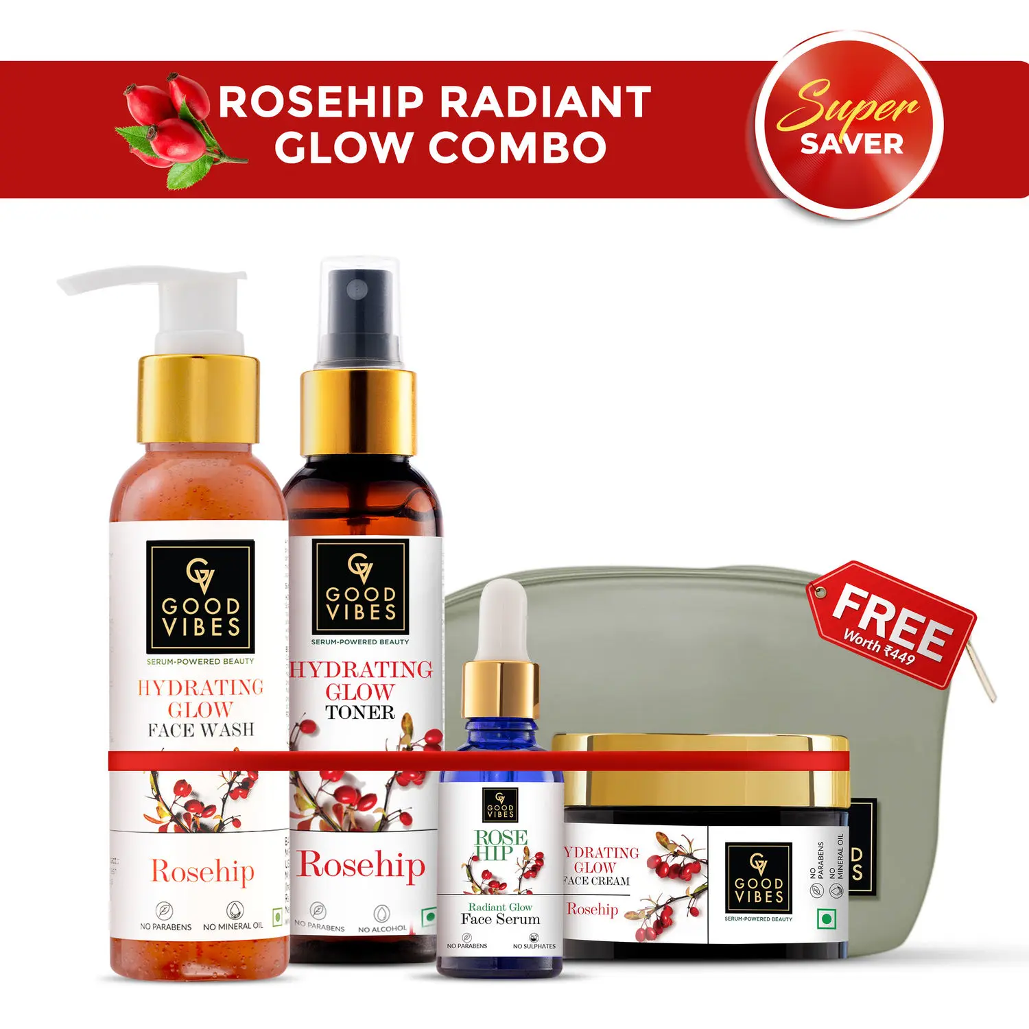 Good Vibes Rosehip Range Combo Kit CTSM (Face Wash 200 ml + Toner 120 ml + Face Serum 10 ml + Face Cream 50 g)