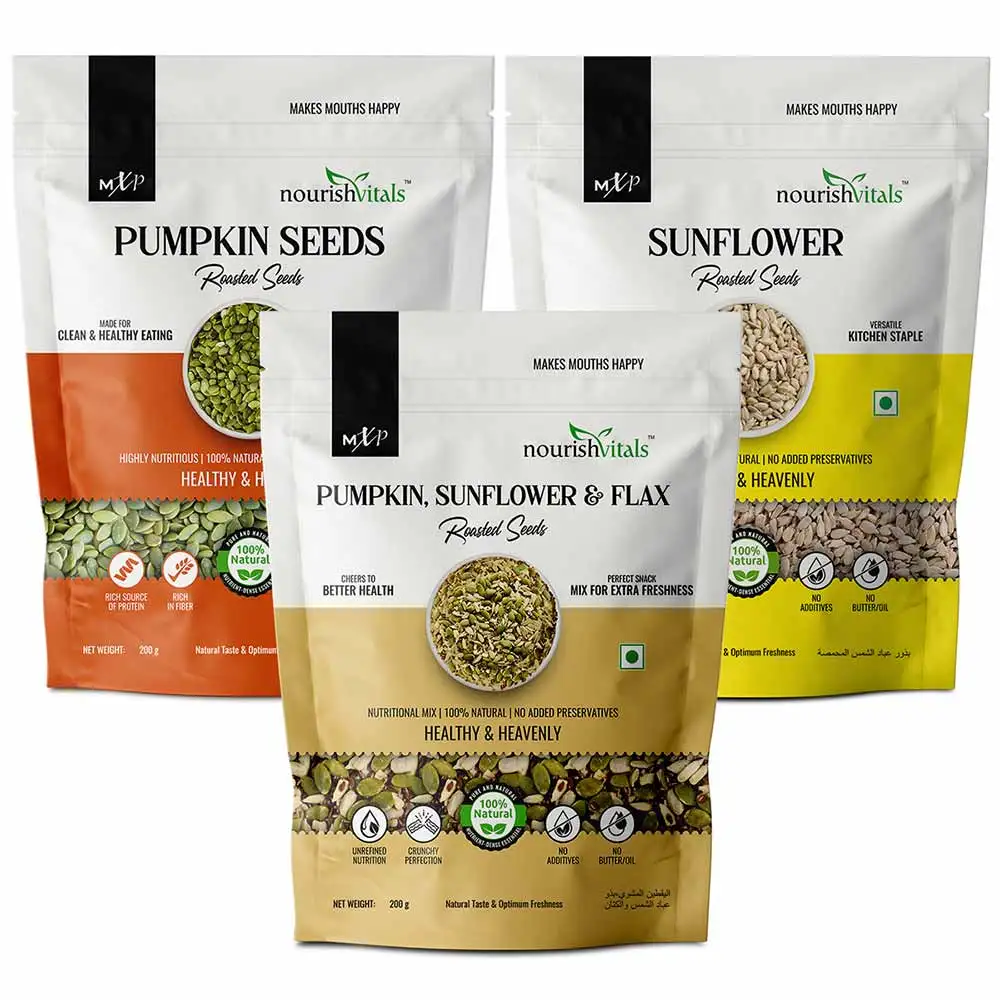 NourishVitals Healthy Munching Combo,  Pumpkin + Sunflower + Pumpkin, Sunflower & Flax Roasted Seeds  3 Piece(s)/Pack