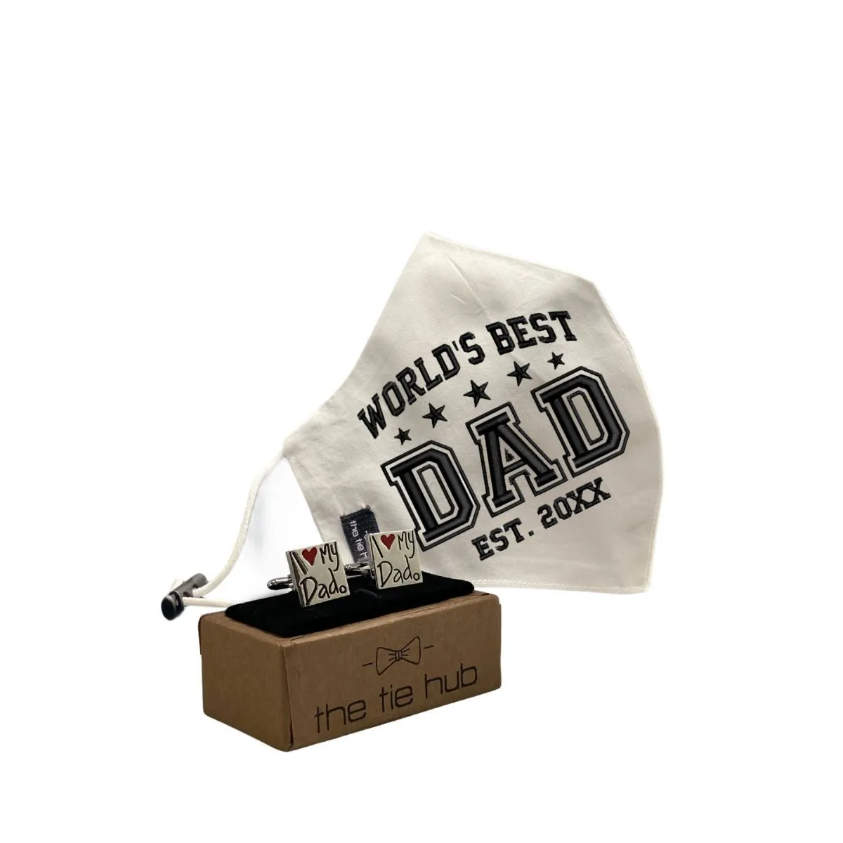 The Tie Hub WORLDS BEST DAD est 20xx Face Mask with I Love My Dad Cufflinks