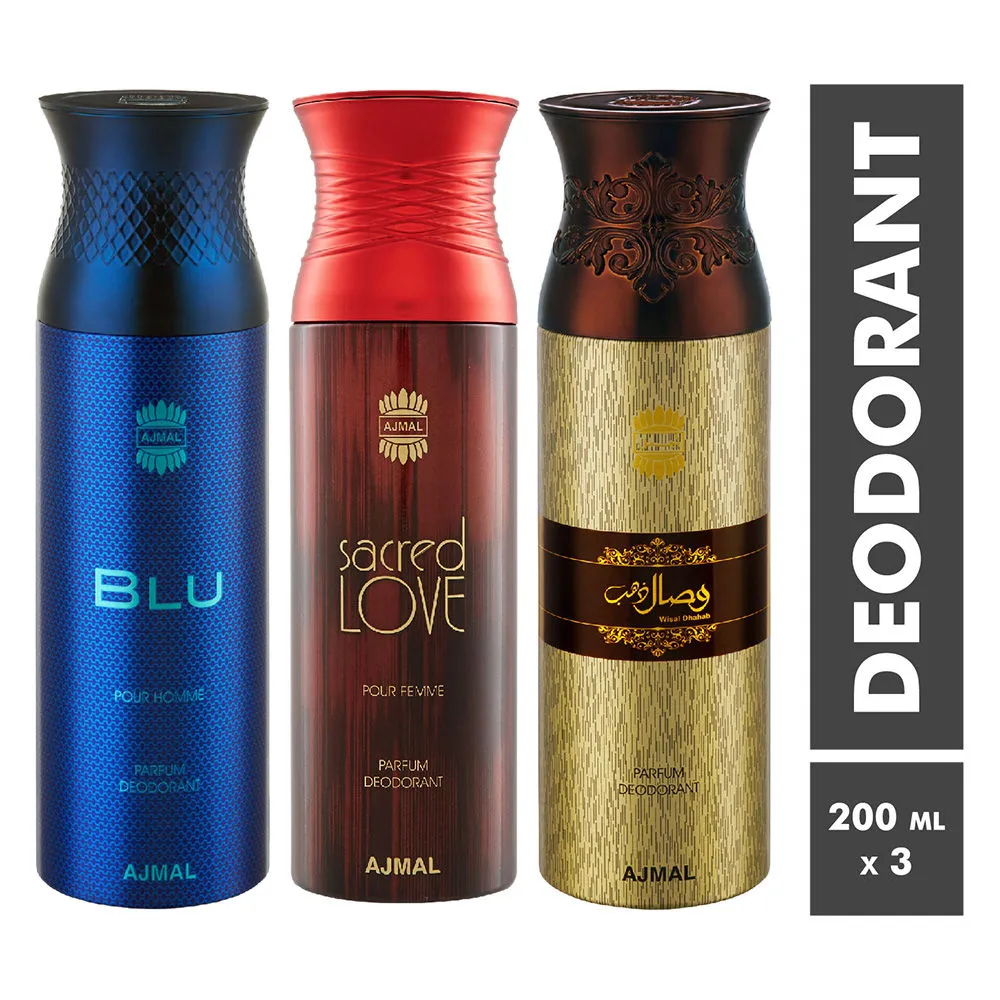 Ajmal Blu, Sacred Love & Wisal Dhahab Parfum Deodorant For Men and Women - Pack Of 3