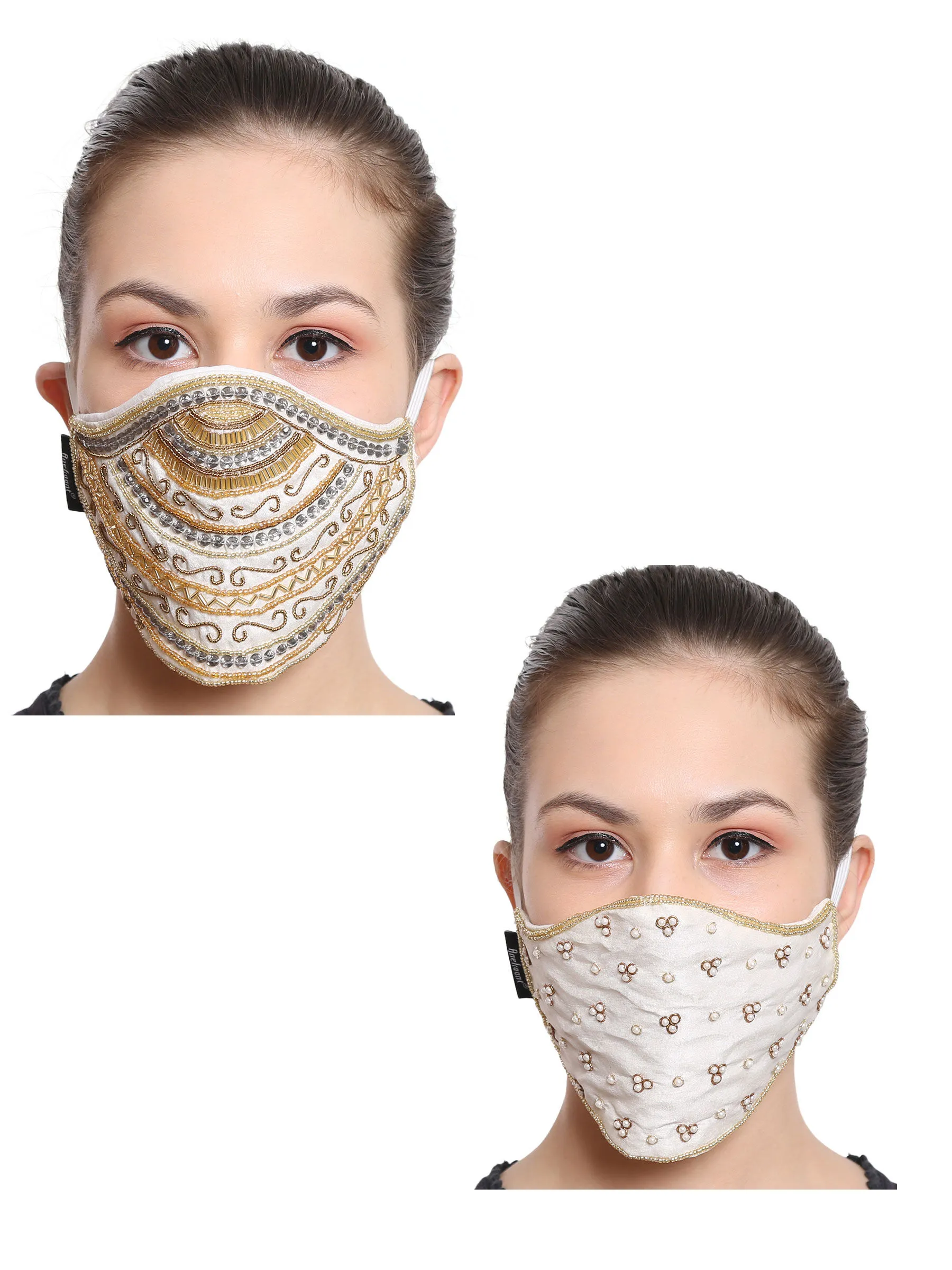 Anekaant White & Gold 3-Ply Reusable Art Silk Embellished Fabric Fashion Mask (Pack Of 2)