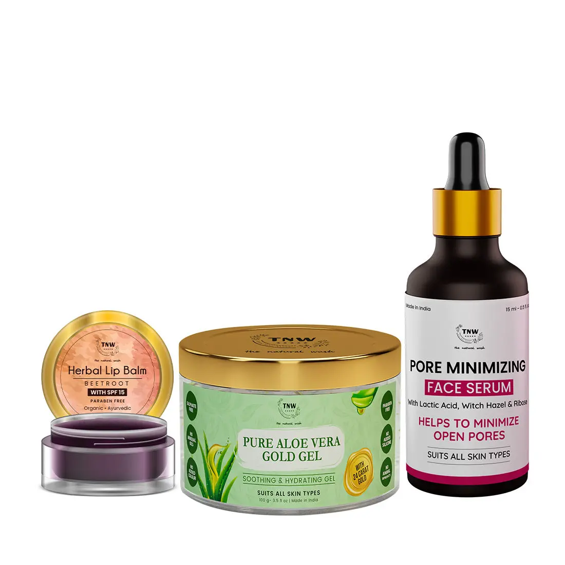 Combo of 3- Pure Aloe Vera Gold Gel 100gm & Beetroot Lip Balm 5gm & Glow Face Serum 30ml