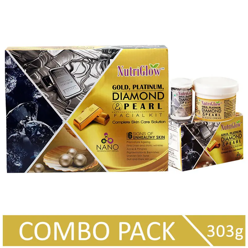 NutriGlow Gold, Platinum, Diamond & Pearl Facial Kit (260 gm) & Bleach Cream (43 gm) For Deep Cleansing/ Skin Whitening