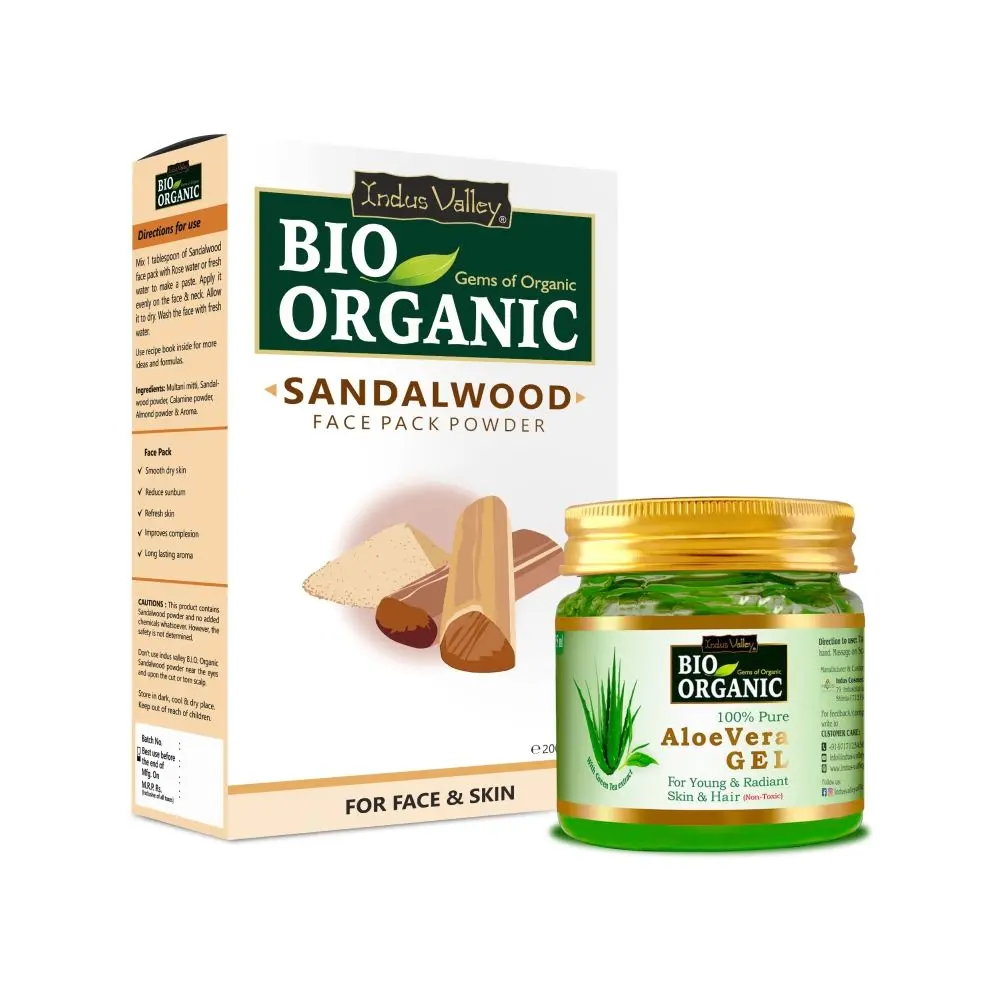 Indus Valley Bio Organic Aloe vera Gel and Sandalwood Face Pack Powder combo for skin and face care (175ml +200g)