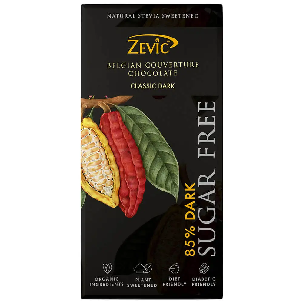 Zevic 85% Dark Sugar Free Classic,  Belgian Couverture Chocolate  90 g