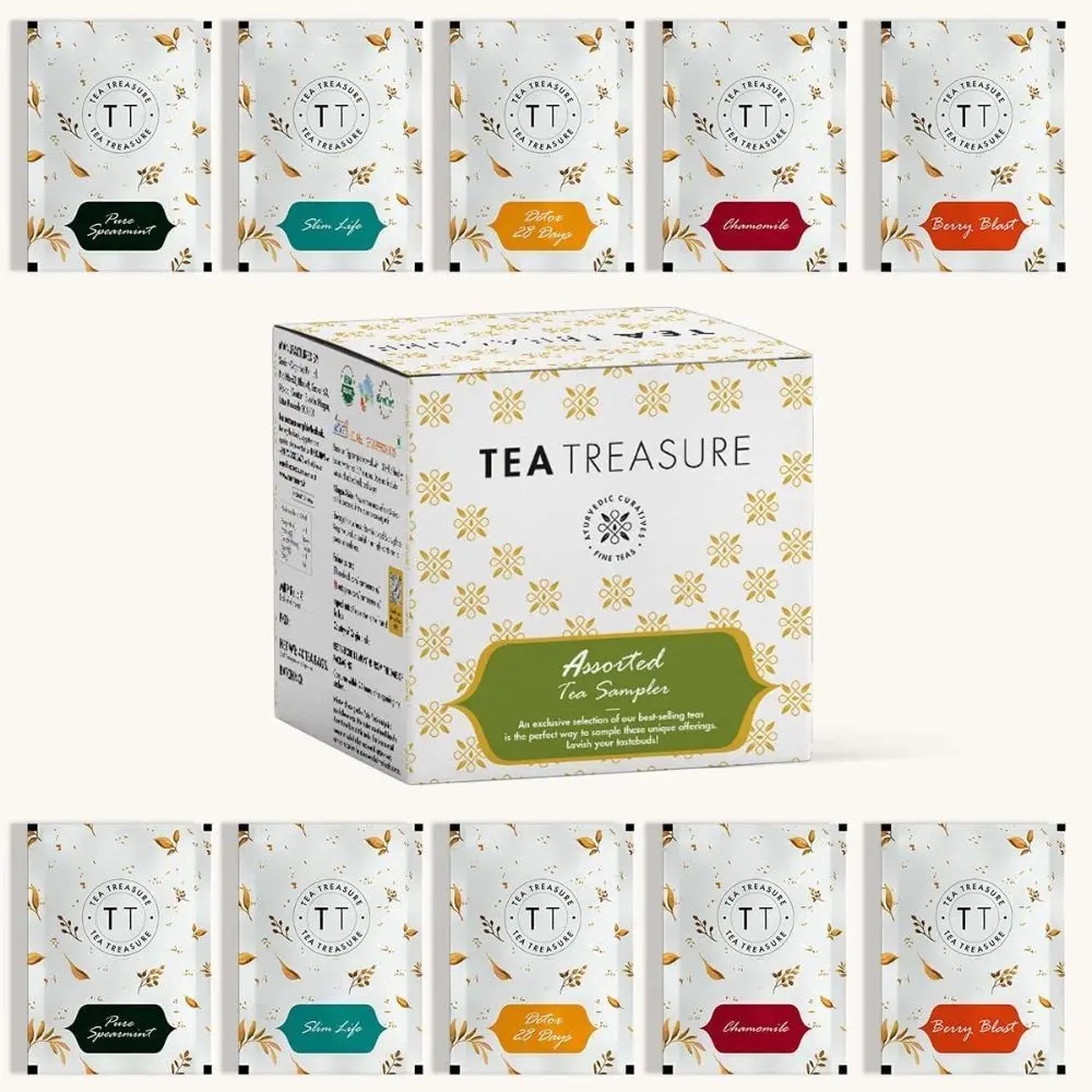 Tea Treasure Assorted tea Sampler: Pure chamomile, Spearmint Tea, Berry Blast Tea, Slim life, 28 day detox (Each 2 Tea bags)