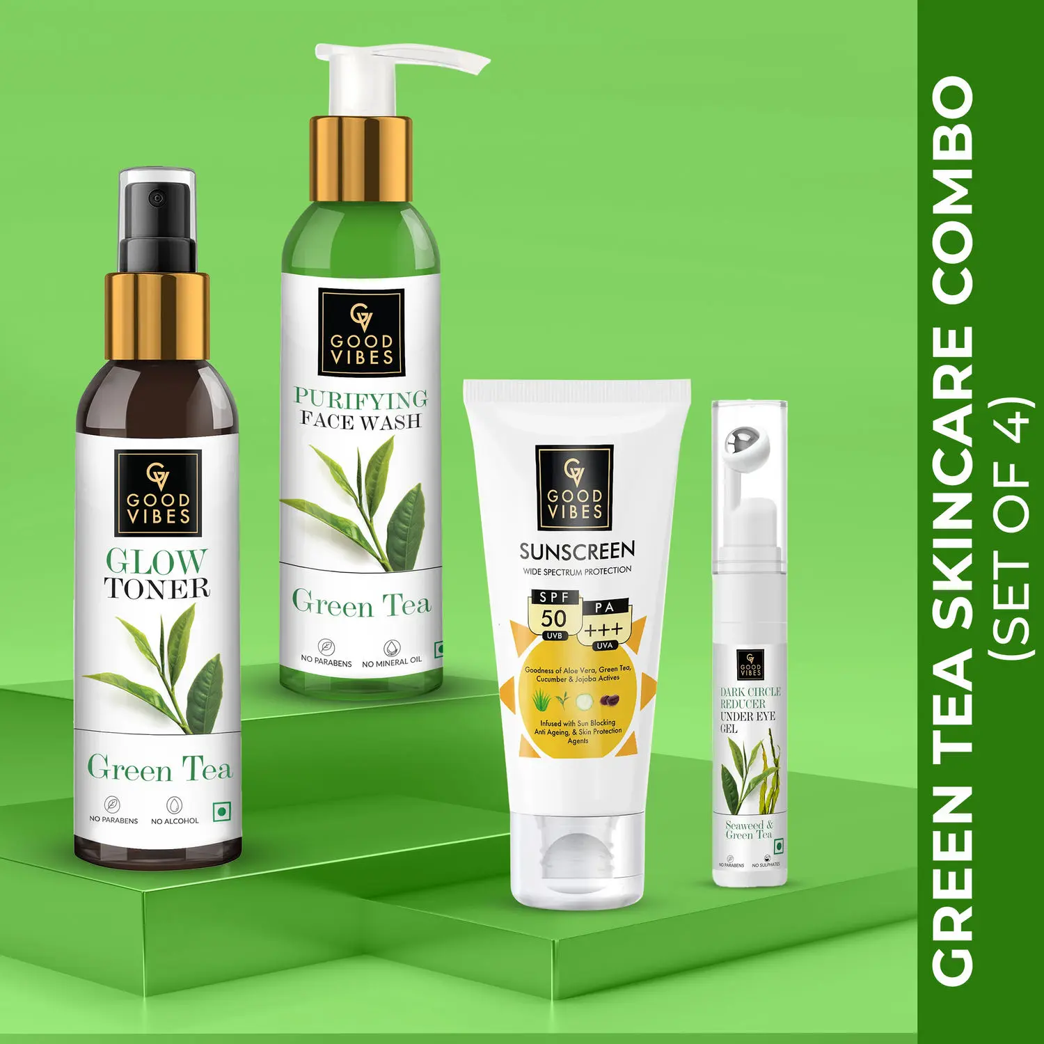 Good Vibes Skin Purifying Green Tea Combo (Facewash, Toner, Under eye gel, Sunscreen)