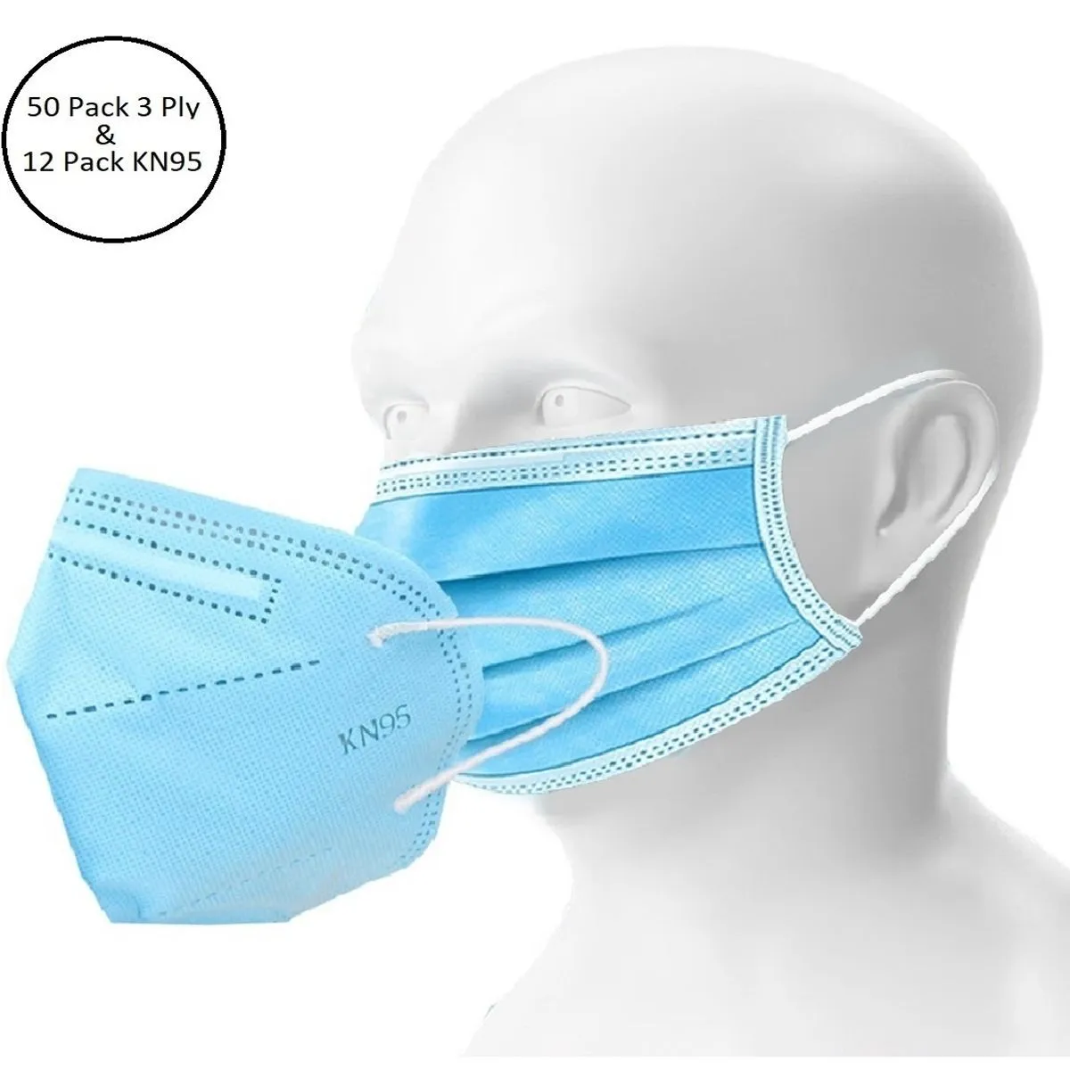 Fabula Unisex Double Mask Set Of 50 Disposable & 12 KN95 / N95 Masks (Blue )