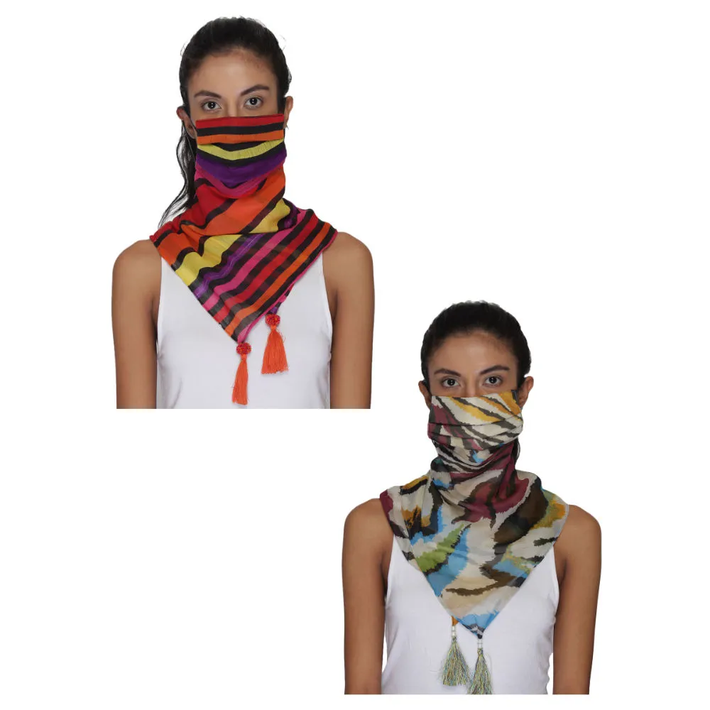 Anekaant Pack Of 2 Multicolor 3-Ply Reusable Printed Tasselled Scarf Style Fashion Mask