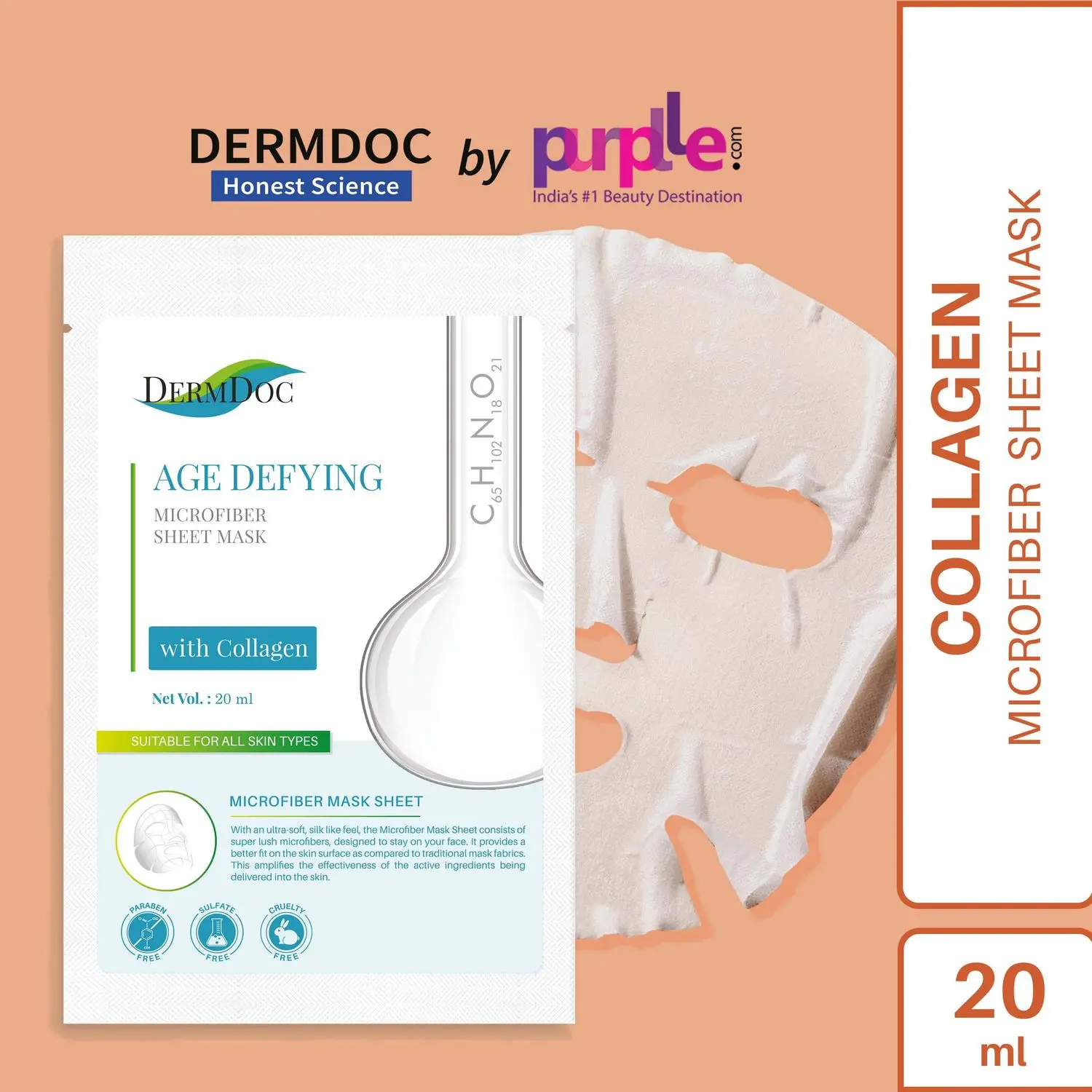 DermDoc by Purplle Collagen Sheet Mask (20ml) | For All Skin Types | Firms Skin, Collagen Mask, Moisturize | Paraben Free, Sulfate Free, Cruelty Free