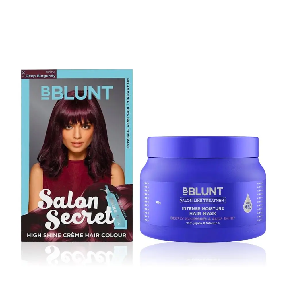 BBLUNT Salon Secret High Shine Creme Hair Colour - Wine Deep Burgundy 4.20. No Ammonia ( 100 g+8ml) + Intense Moisture Hair Mask with Jojoba Oil & Vitamin E for Nourished & Shiny Hair - 250 g