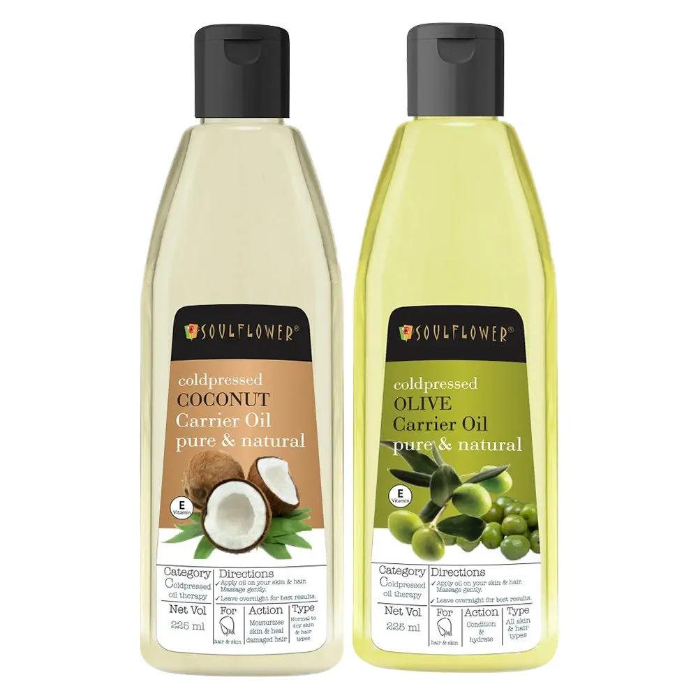 Soulflower 100% Pure Cold Pressed Olive And Extra Virgin Coconut Hair Oil Moisturizer Hair Duo