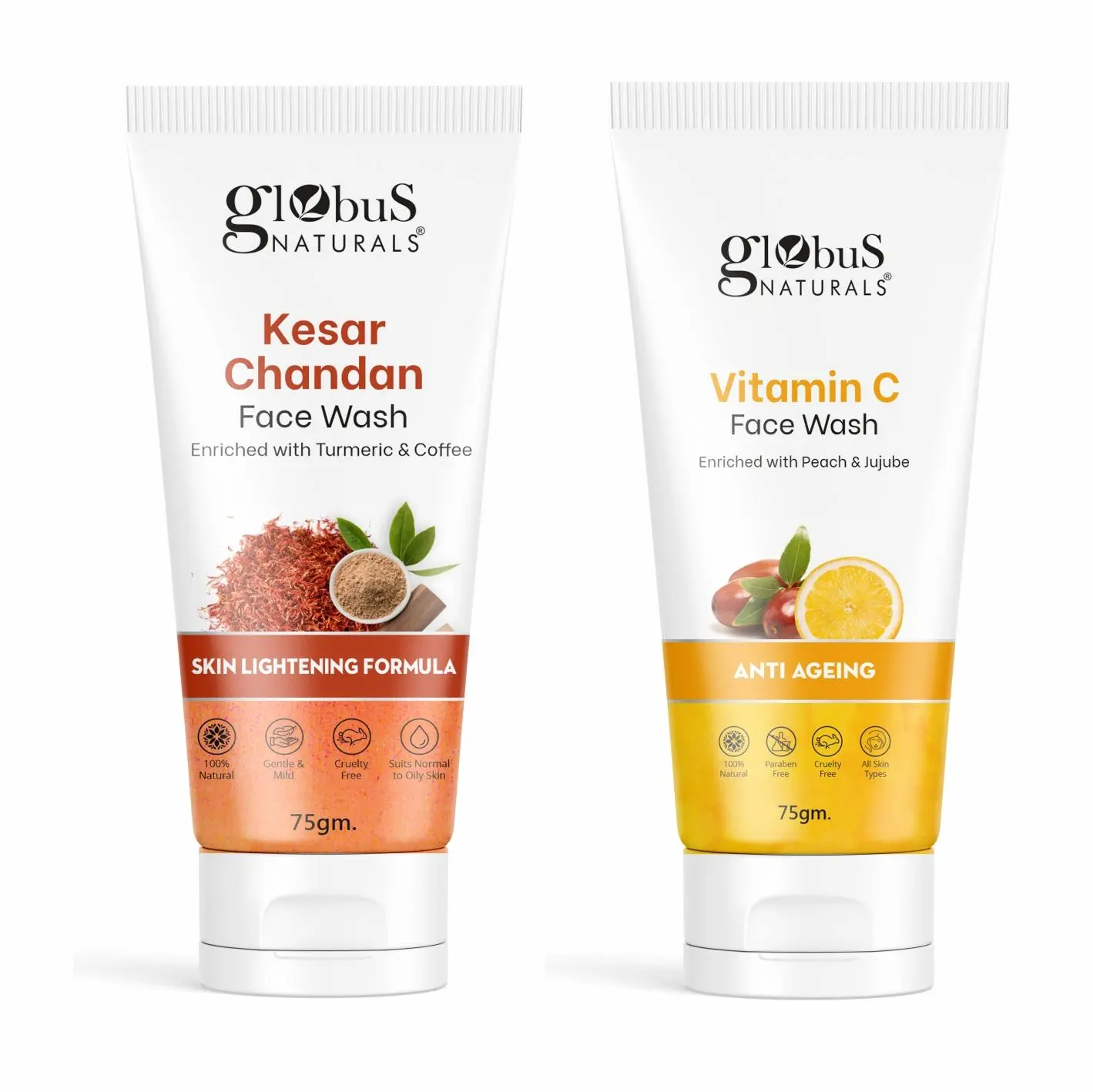 Globus Naturals Vitamin C Face Wash & Kesar Chandan Face Wash Combo , Set Of 2, , 75 gm