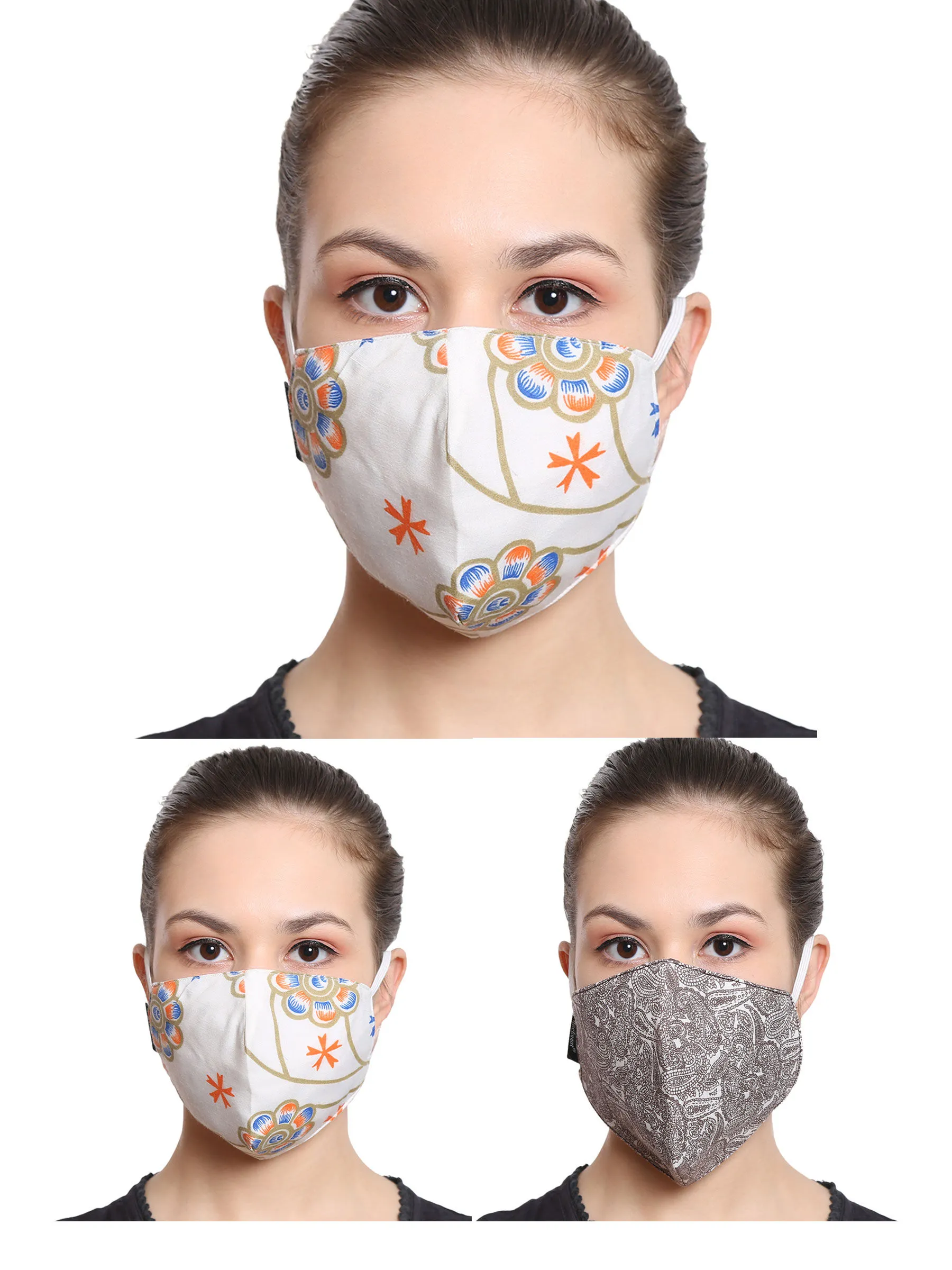 Anekaant Multicolor 3-Ply Reusable Cotton Printed Fabric Fashion Mask (Pack Of 3)