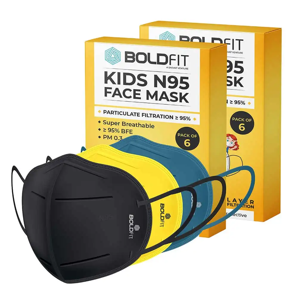 Boldfit N95 Face Mask for Kids,  Black, Blue, Yellow (Pack of 2)