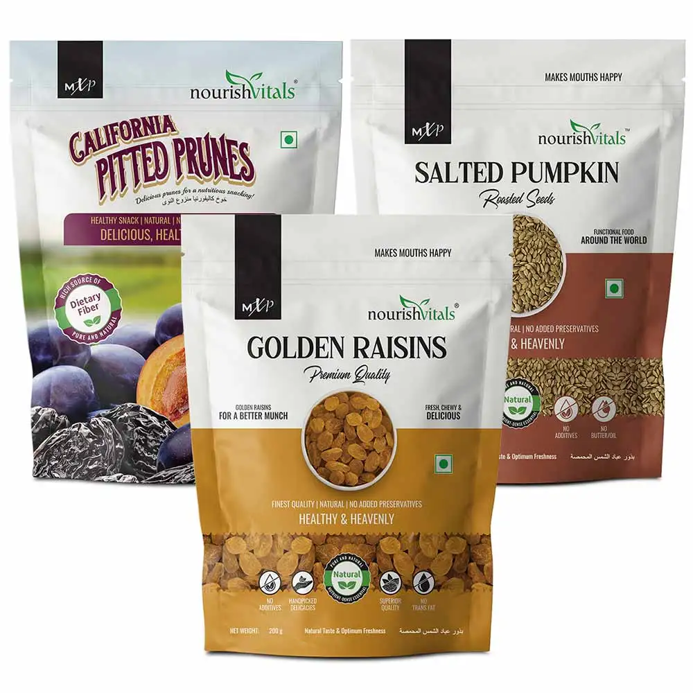 NourishVitals Healthy Munching Combo,  California Pitted Prunes + Golden Raisins + Salted Pumpkin Roasted Seeds  3 Piece(s)/Pack