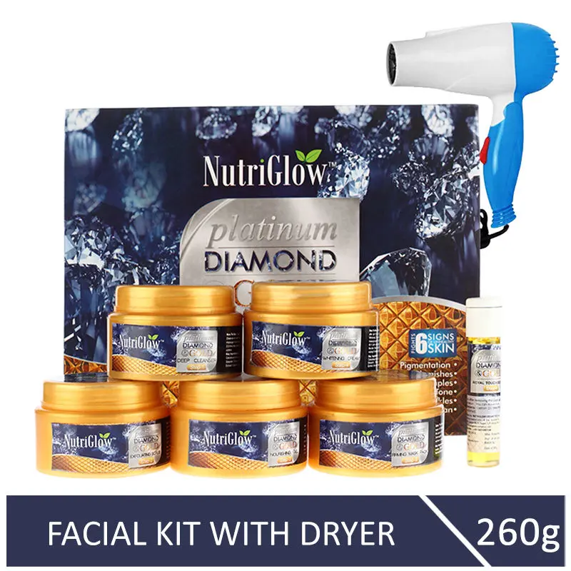 NutriGlow Platinum, Diamond & Gold Facial Kit For Brightening Skin (260 gm) With Blue Hair Dryer