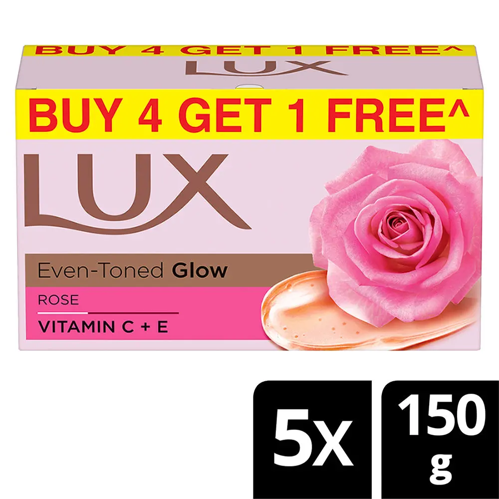 Lux Even-toned Glow Bathing Soap infused with Vitamin C & E |For Superior Glow|Buy 4 Get 1 Free|150g