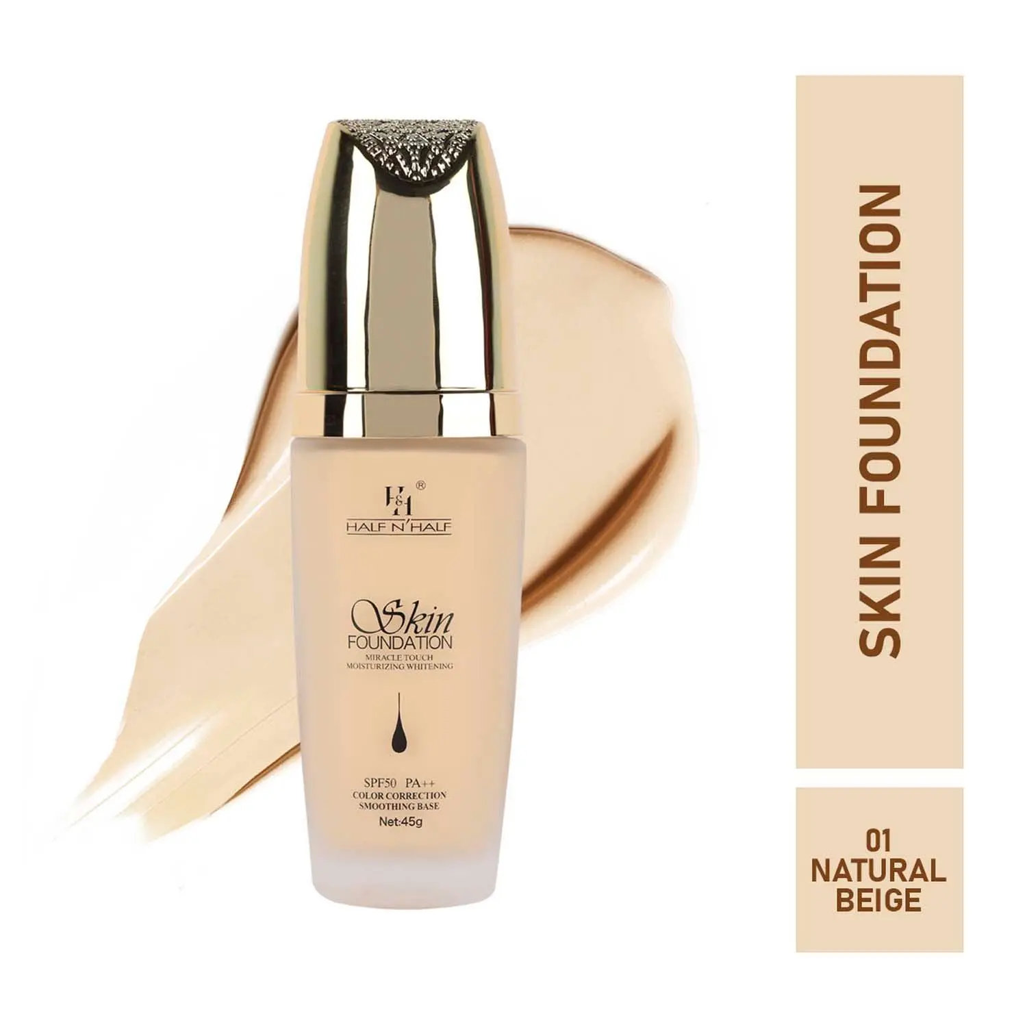 Half N Half Skin Foundation Miracle Touch Moisturizing Whitening, SPF 50 PA++ Colour Correction Smoothing Base, Natural Beige (45gm)