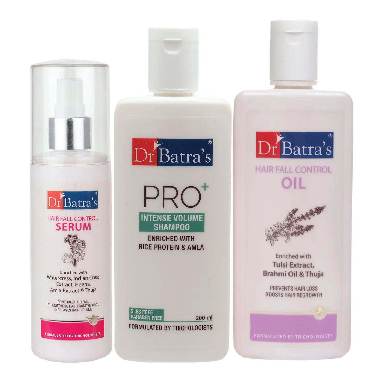 Dr Batra's Hair Fall Control Serum-125 ml, Pro+ Intense Volume Shampoo - 200 ml and Hair Fall Control Oil- 200 ml         